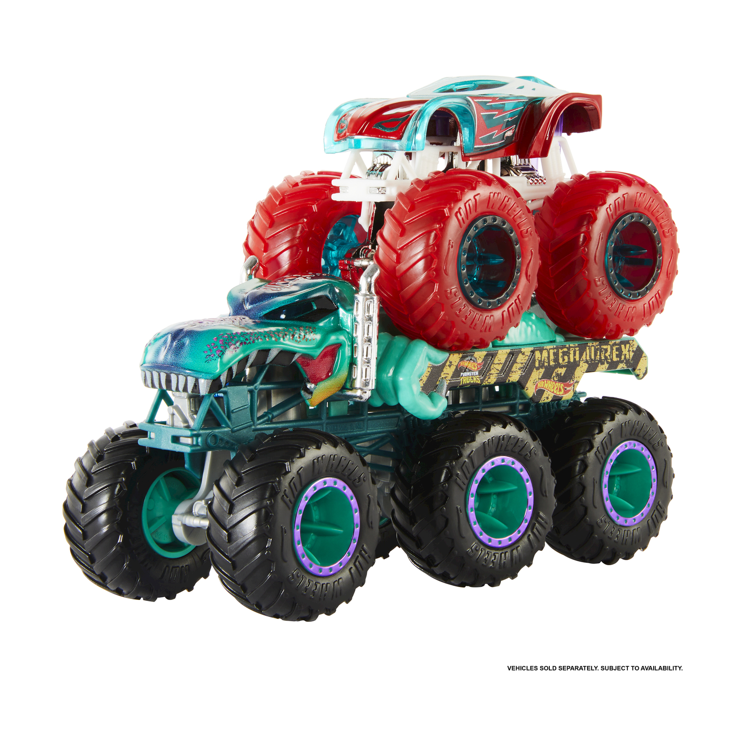 Ein grüner Monster-Truck mit roten Rädern und einem durchsichtigen Auto oben drauf.