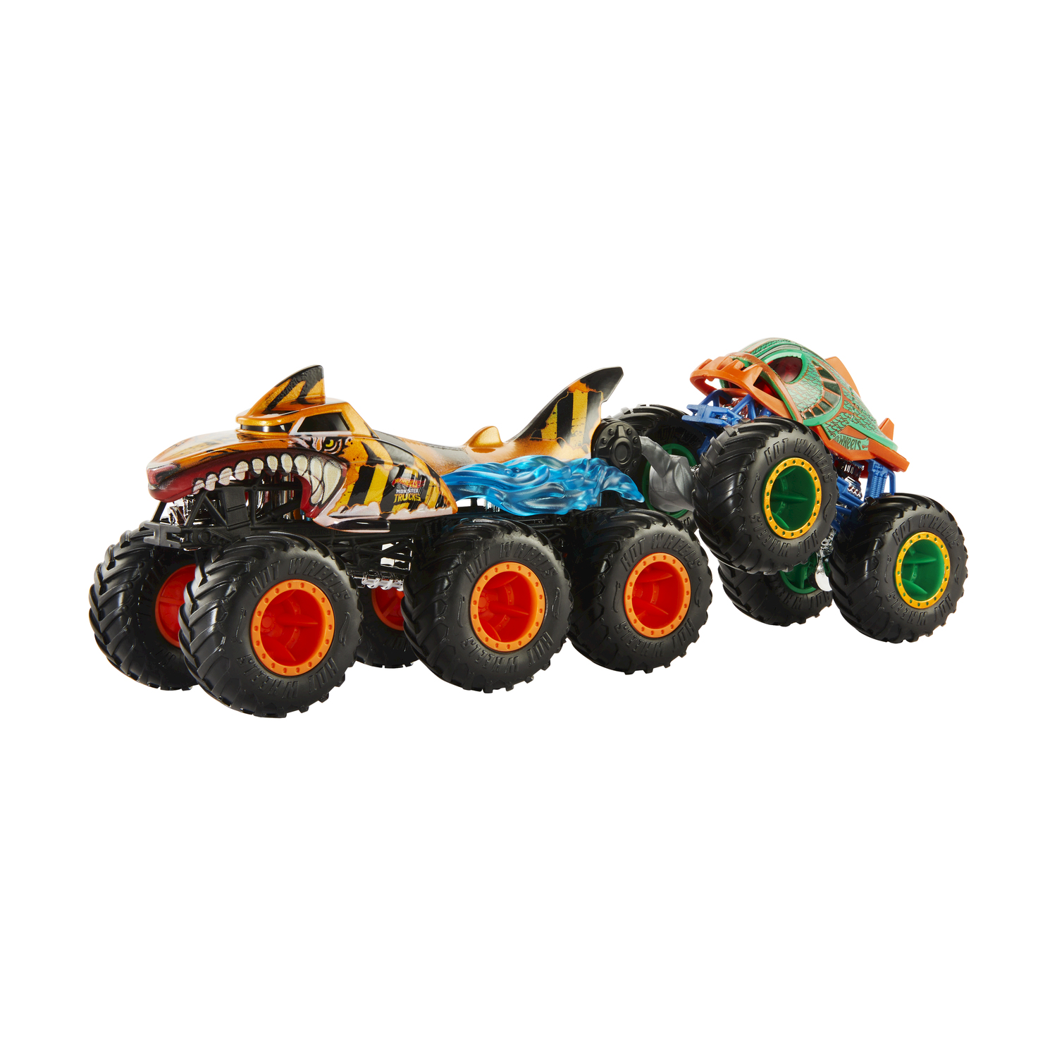 Zwei Monster-Trucks: ein Hai-Design und ein Drachen-Design.