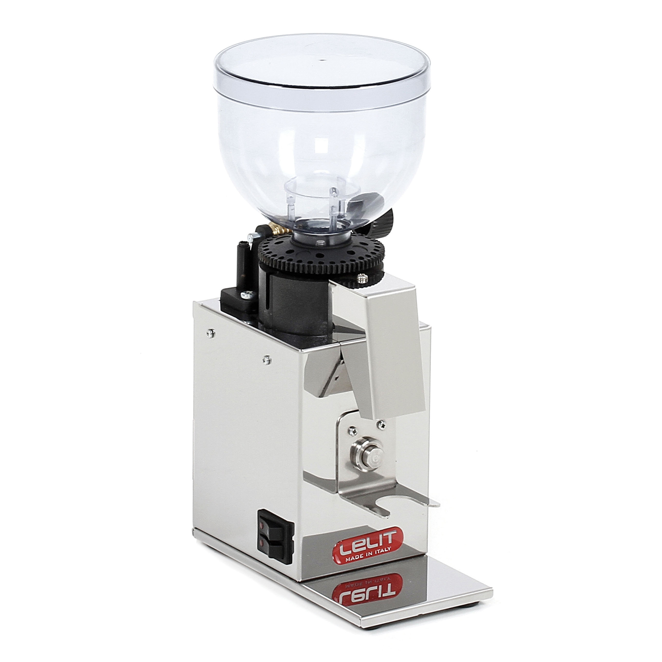 Eine Edelstahl-Kaffeemühle mit transparentem Behälter, schwarzem Mahlwerk und rotem Logo.