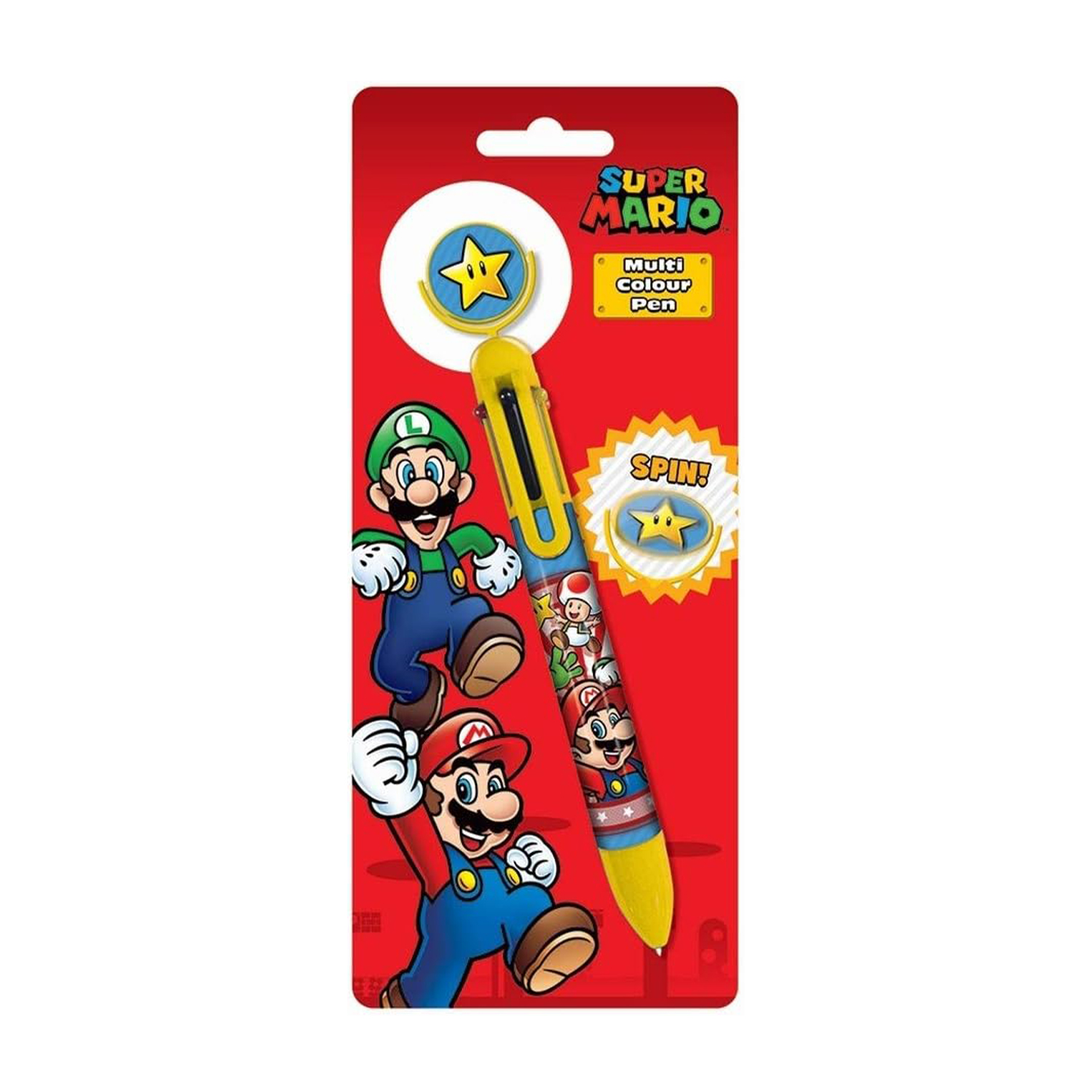 Penna multicolore Super Mario con Luigi e Mario su confezione rossa.