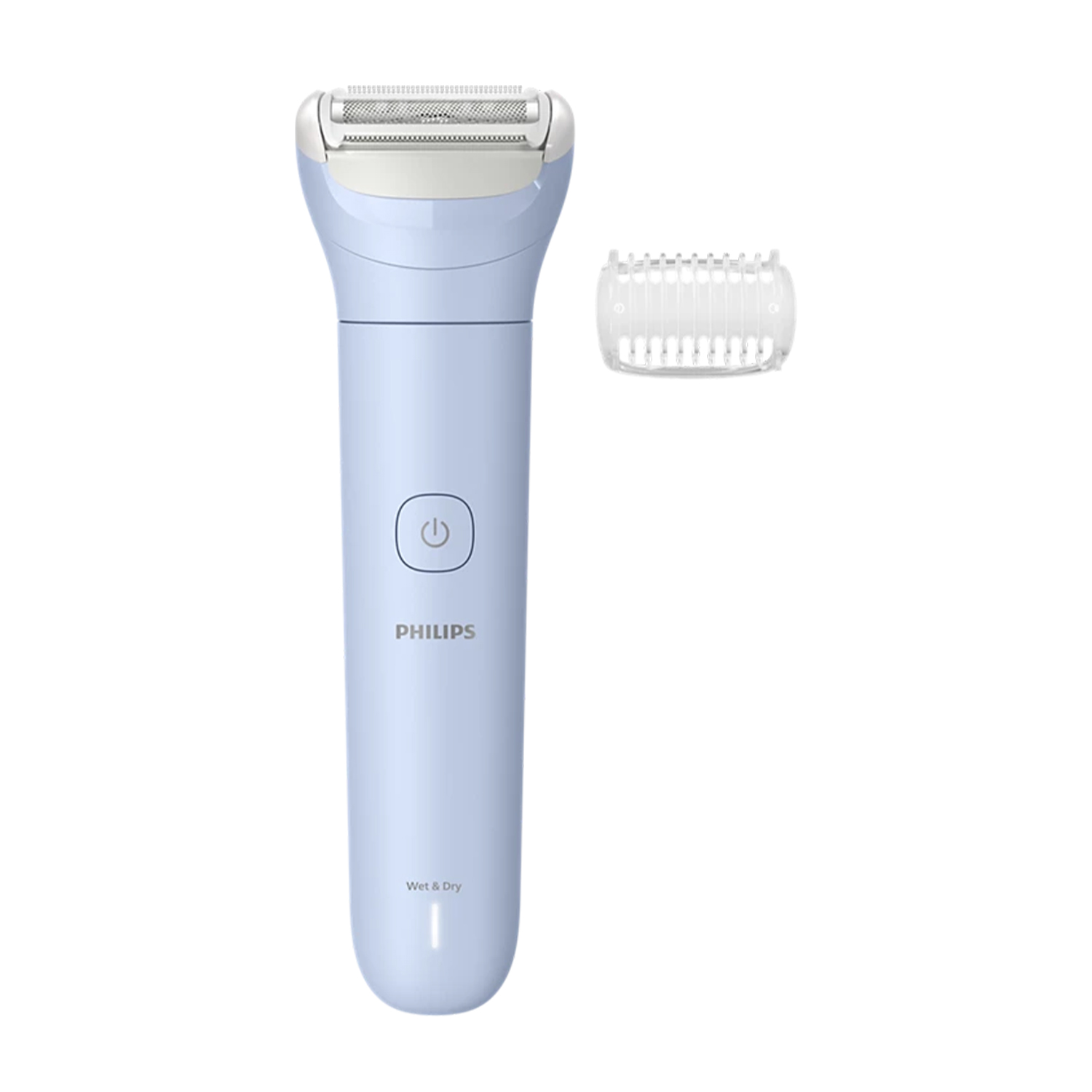 Niebieska maszynka do golenia Philips z nasadką na białym tle.