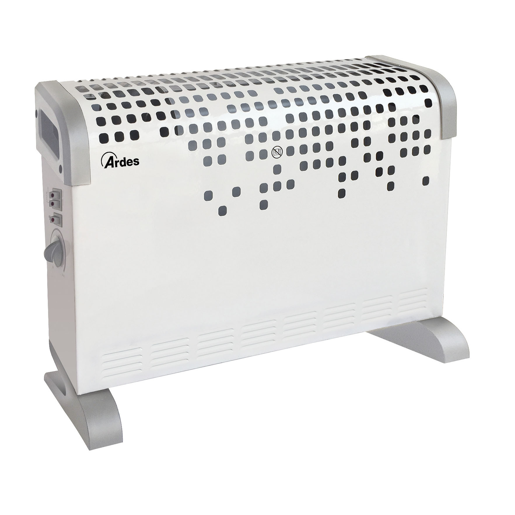 Biały grzejnik olejowy z szarymi akcentami i otworami wentylacyjnymi.