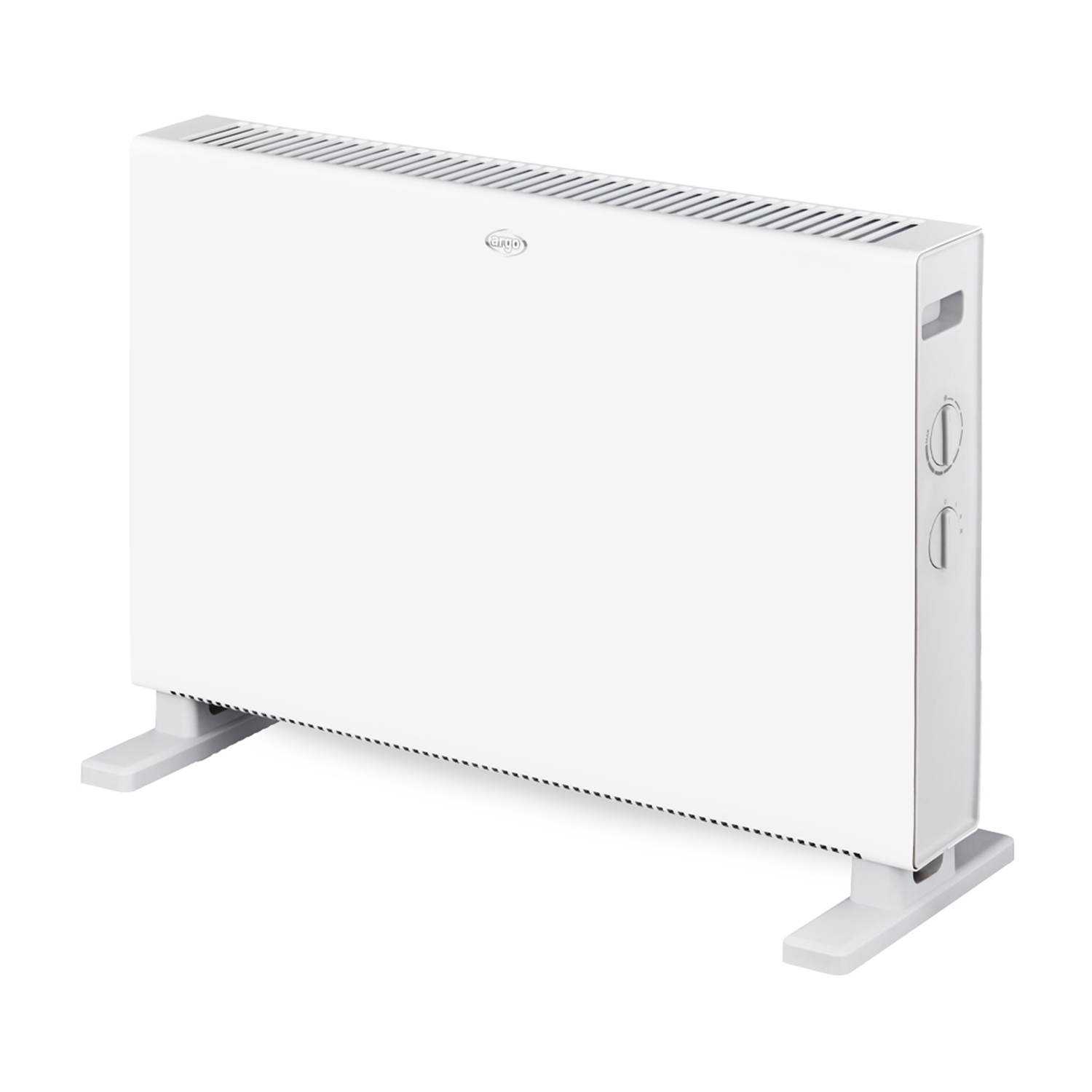 Biały grzejnik konwektorowy z nóżkami i pokrętłami.