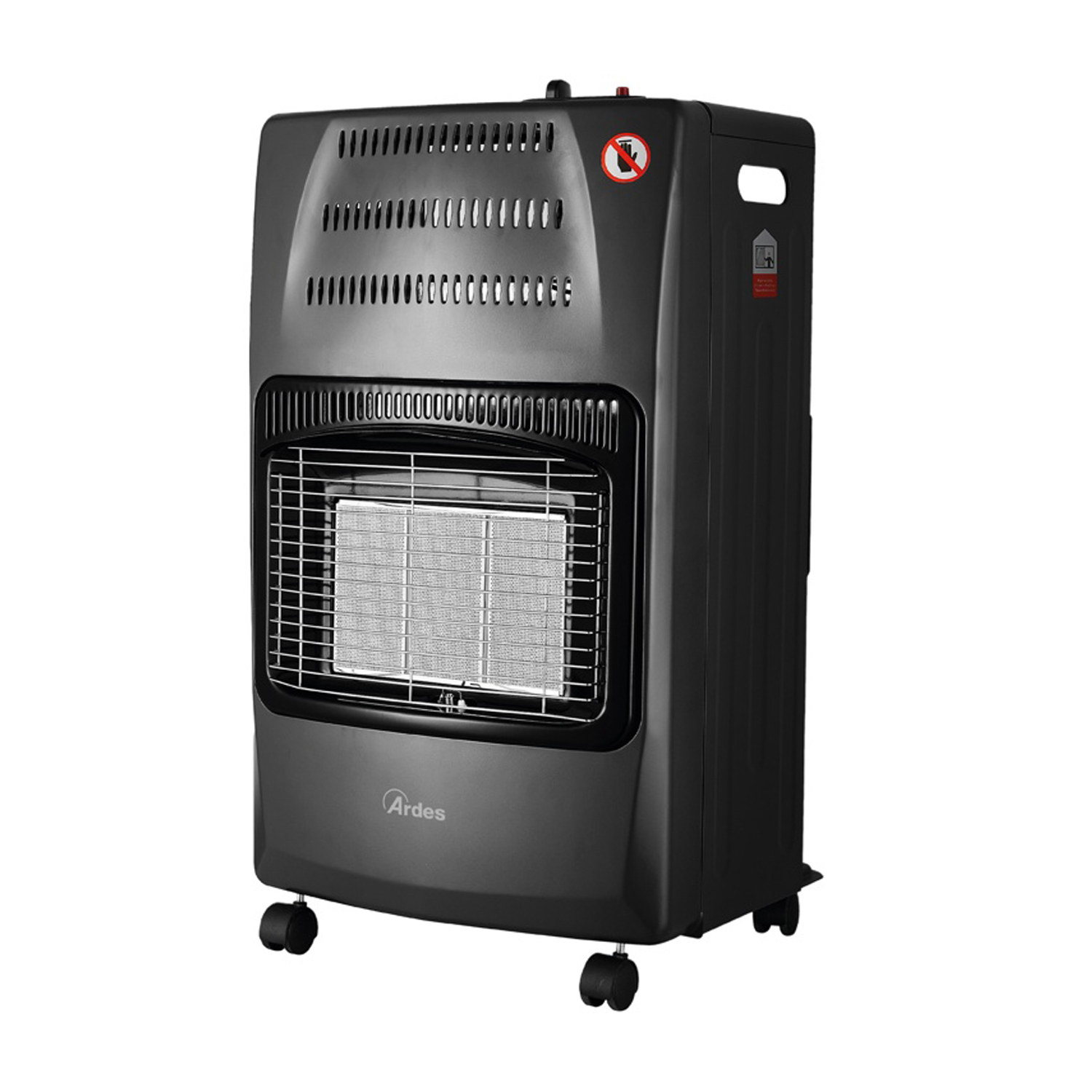 Czarny grzejnik gazowy z kółkami, kratką i otworami wentylacyjnymi.