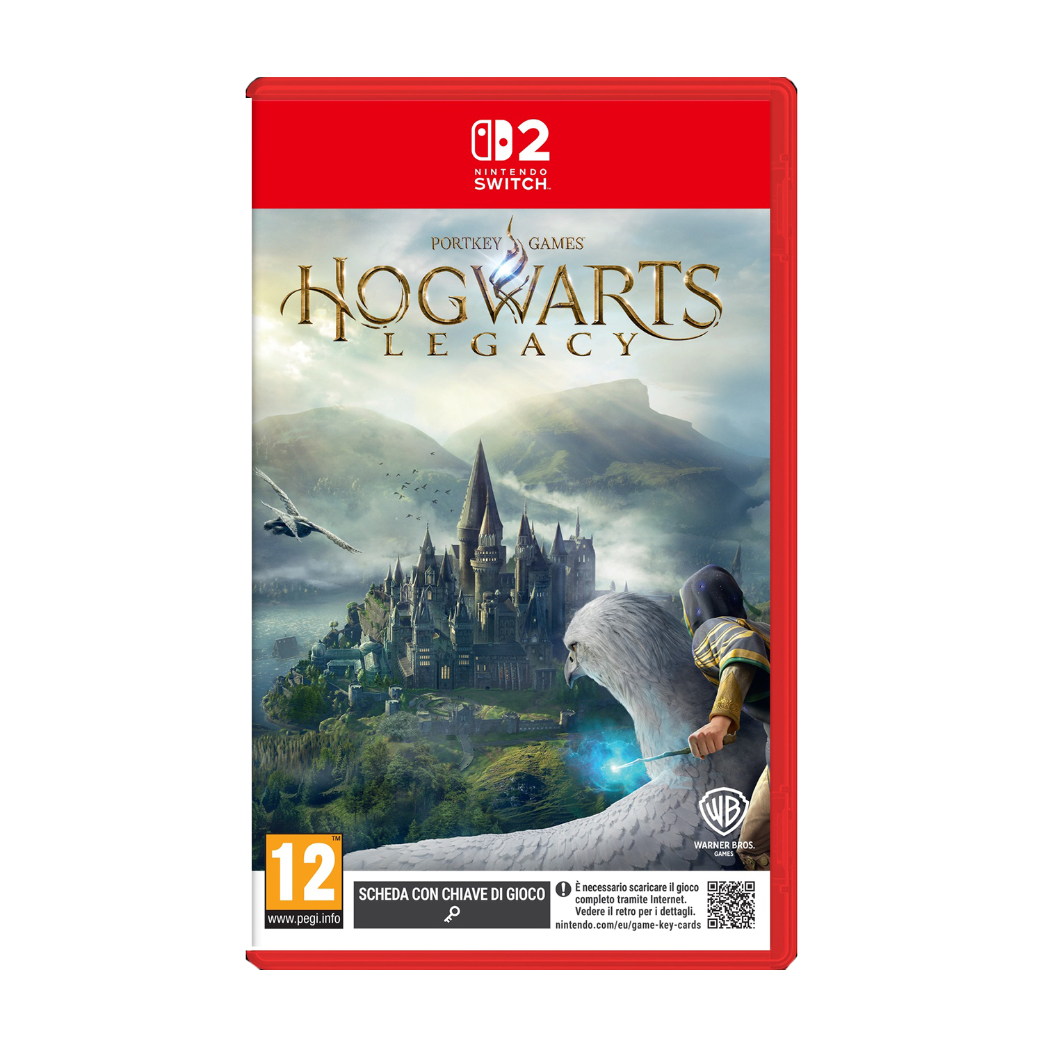Okładka Hogwarts Legacy: Młodzieniec na gryfie przed zamkiem Hogwart.