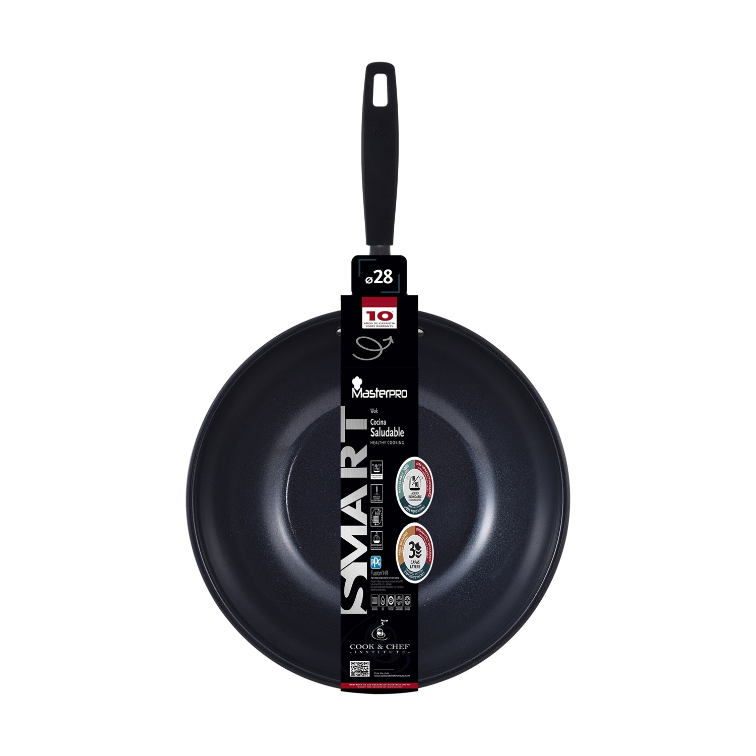 Sartén wok negra con mango negro y etiqueta con detalles y garantía.