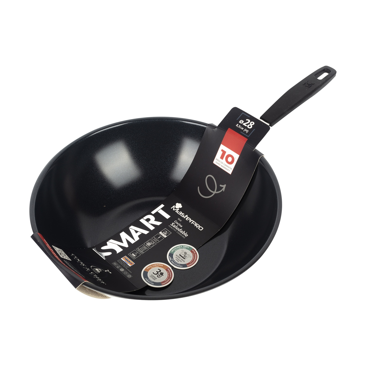 Wok negro con mango negro, diámetro 28cm, altura 8.5cm. Con etiqueta.