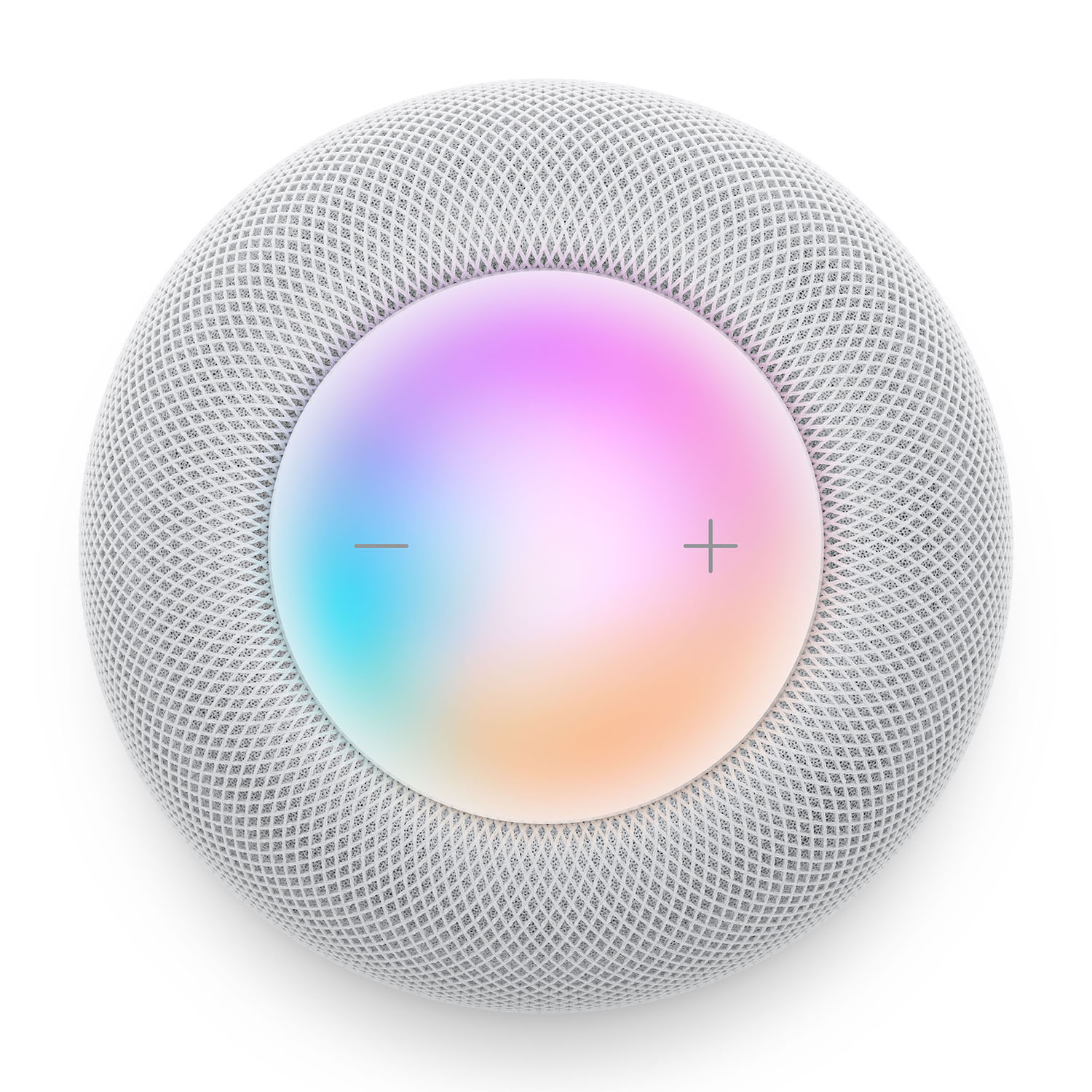 Biały, okrągły głośnik z gradientowym światłem i przyciskami.