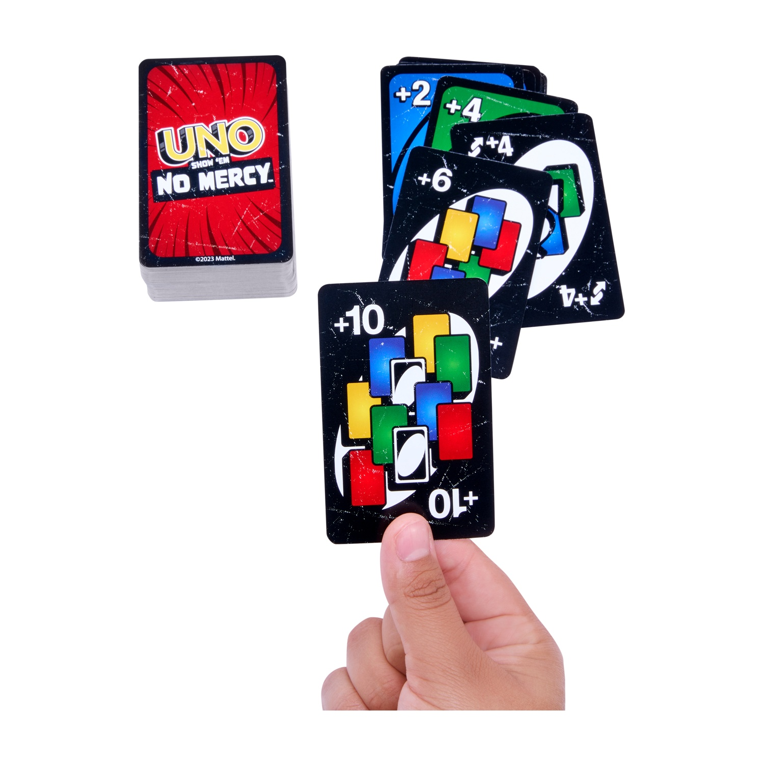 Ręka trzyma kartę UNO Show 'Em No Mercy z numerem +10.
