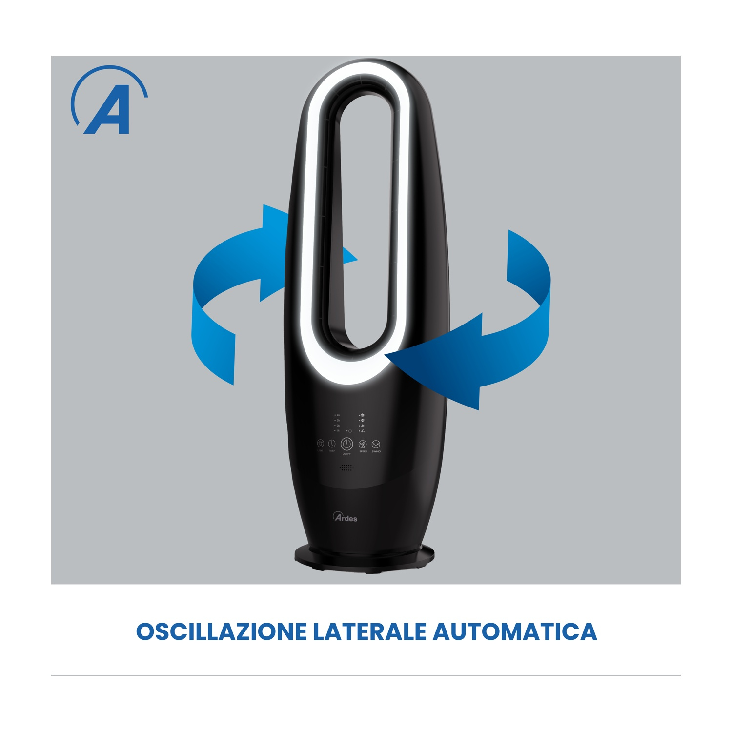 Black tower fan with blue arrows indicating oscillation. Logo in the top left.