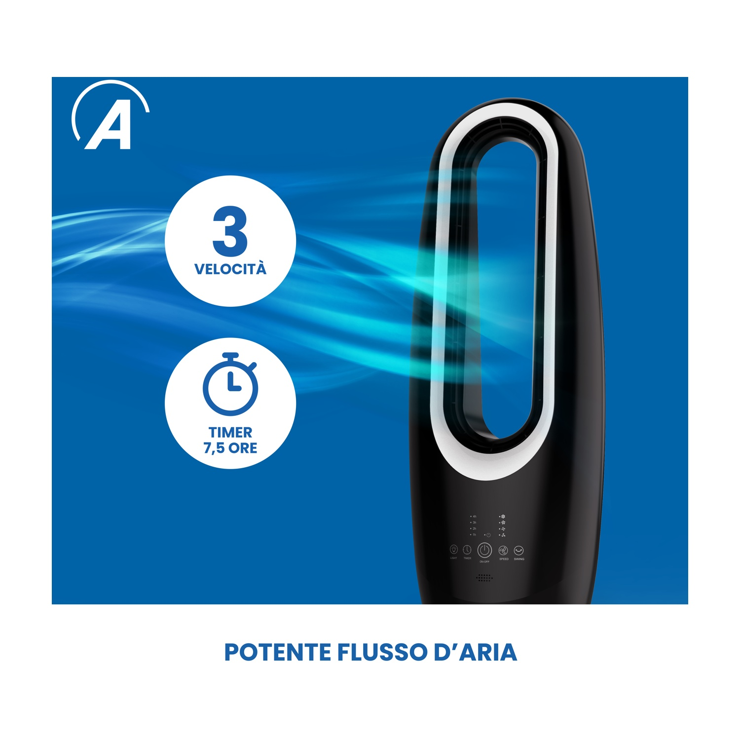 A black tower fan with blue airflow effects, timer, and speed settings.