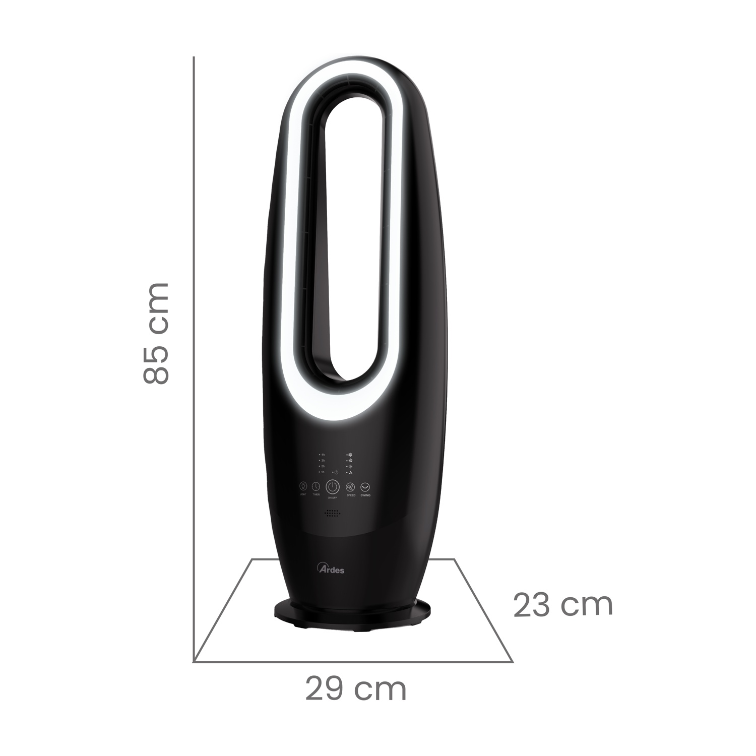 Black tower fan with illuminated ring, 85cm tall, 29cm wide.