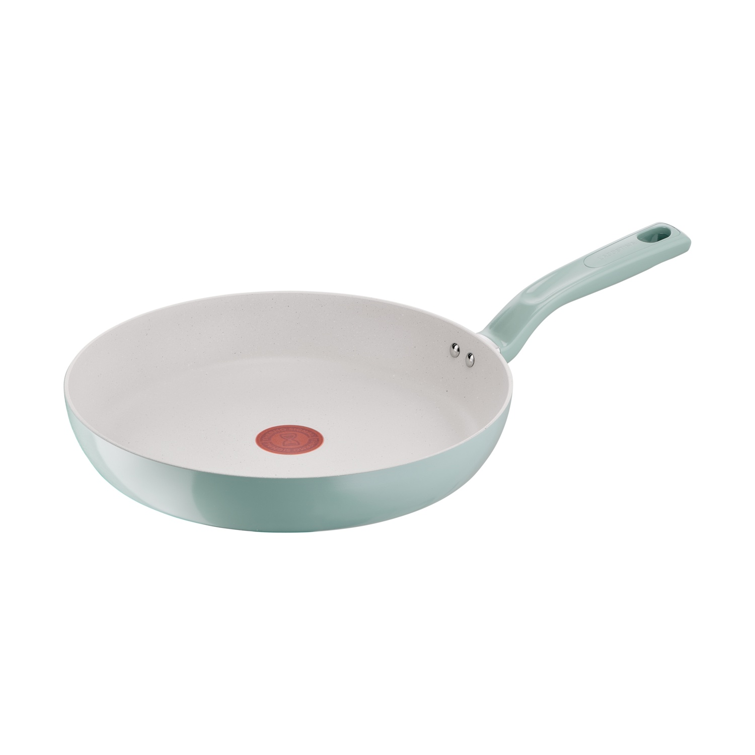 Padella azzurra con interno chiaro e punto termico rosso.