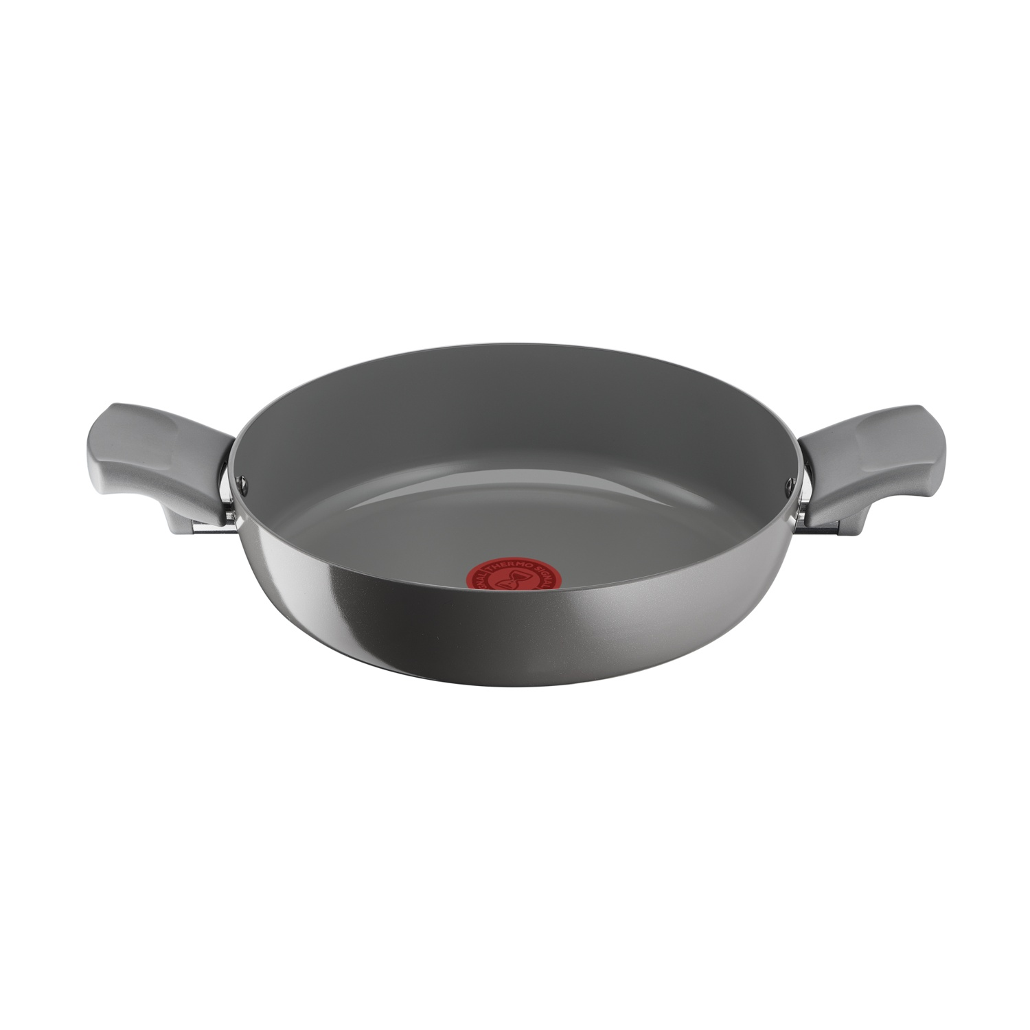 Una padella grigia con due manici e un indicatore rosso Thermo-Signal.