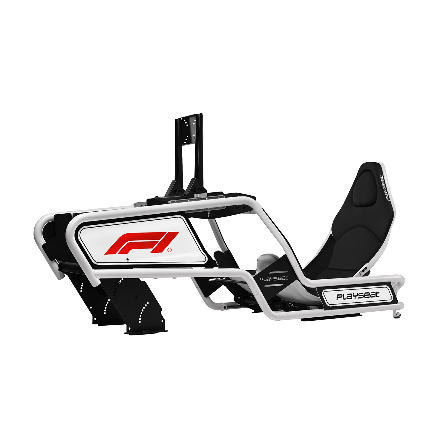 Ein weißer Rennsimulator-Rahmen mit schwarzem Sitz und F1-Logo.