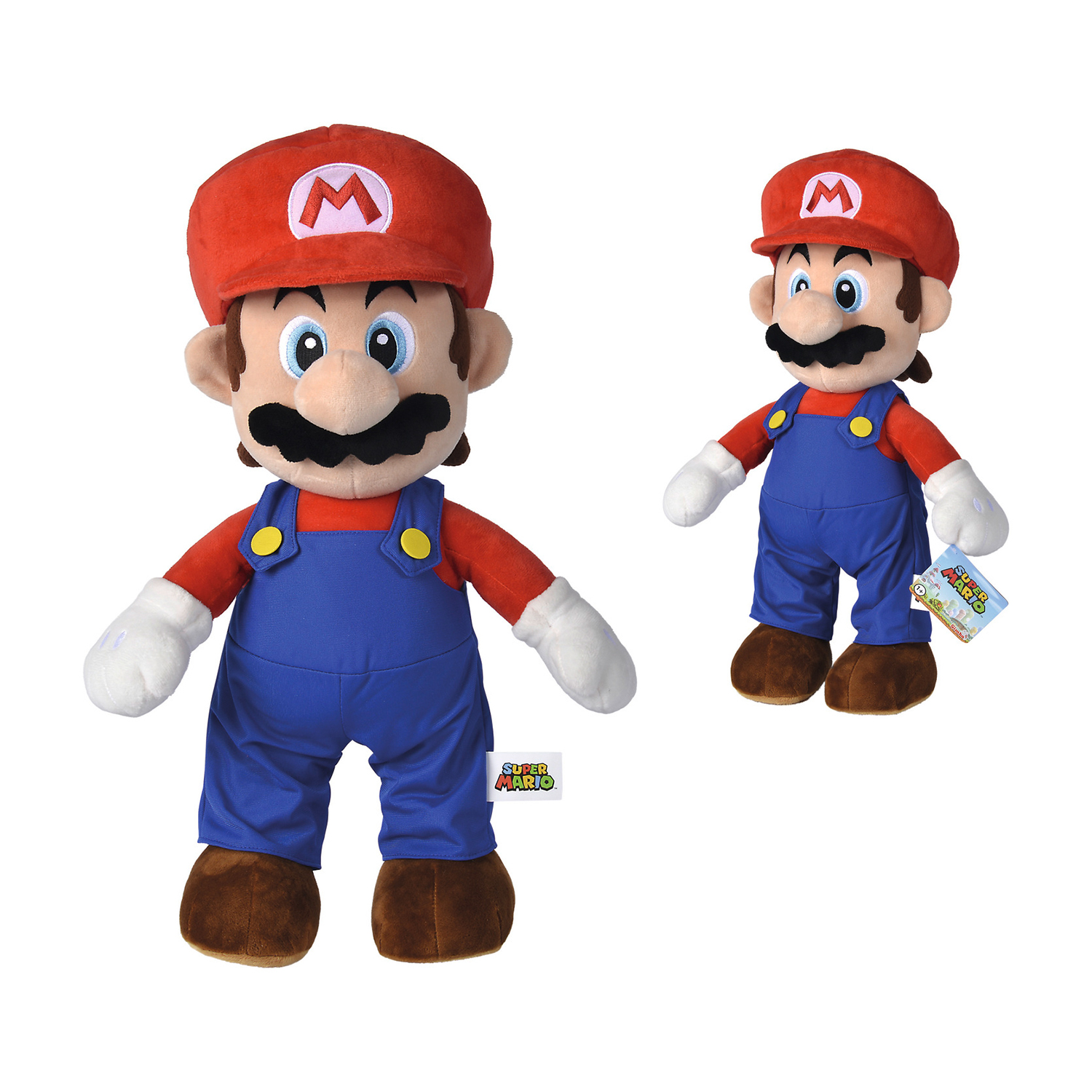Due peluche del personaggio Mario di Nintendo, uno grande e uno piccolo, su sfondo bianco.
