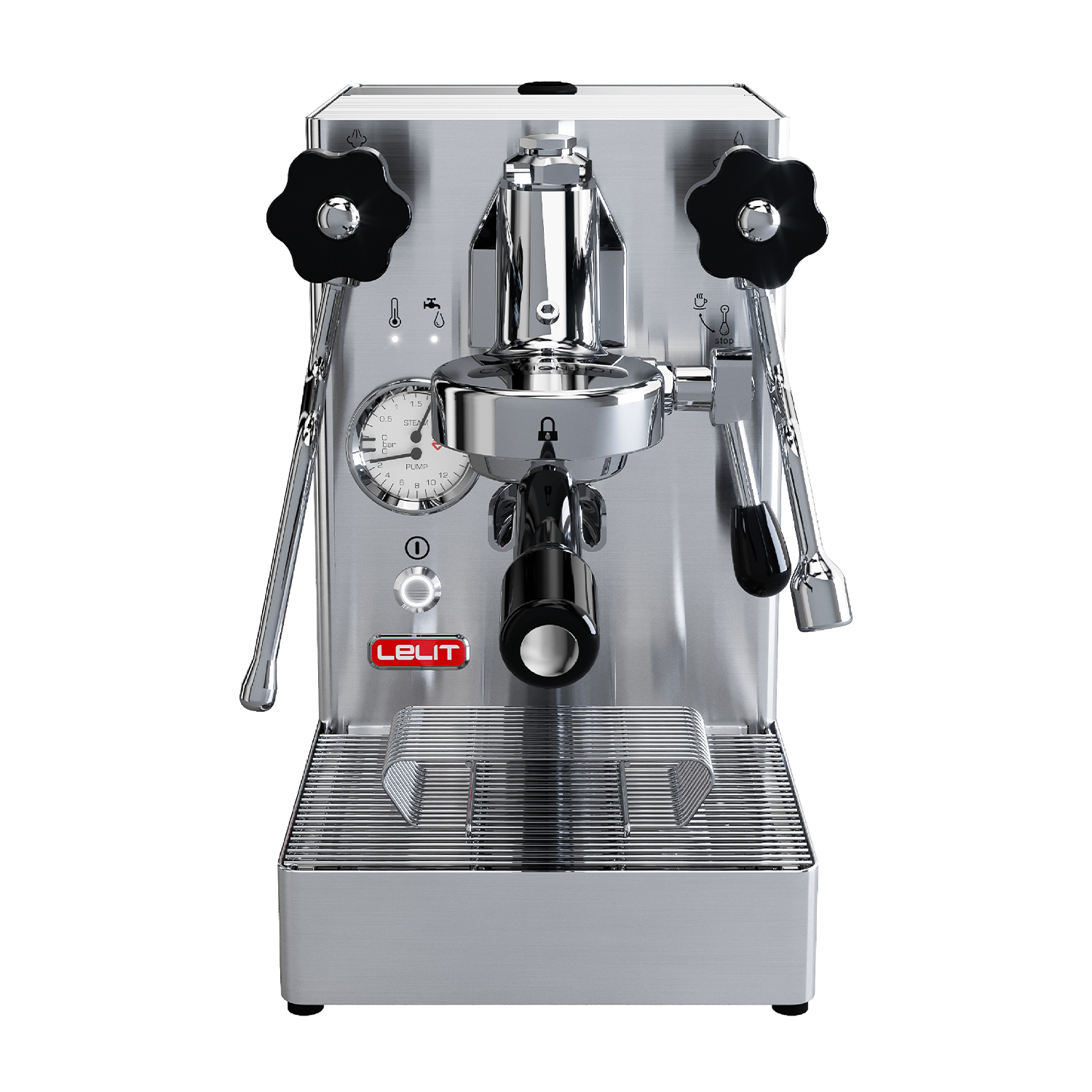 Eine glänzende silberne Espressomaschine mit schwarzen Knöpfen und einem Manometer.