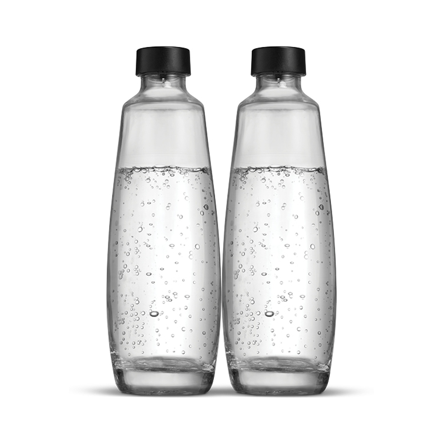 Due bottiglie trasparenti con tappo nero, piene di acqua frizzante.