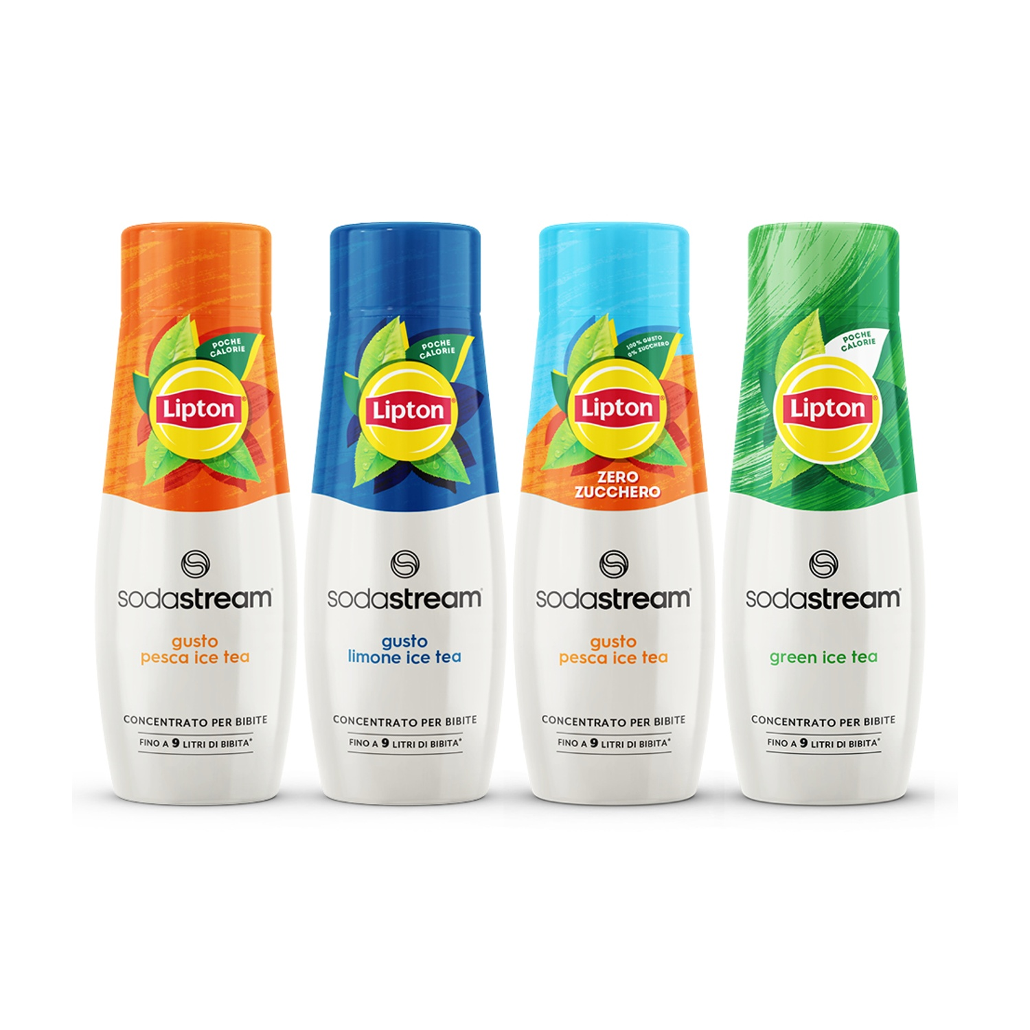 Quattro bottiglie Sodastream di concentrato Lipton tè freddo: pesca, limone, pesca (zero zuccheri), tè verde.