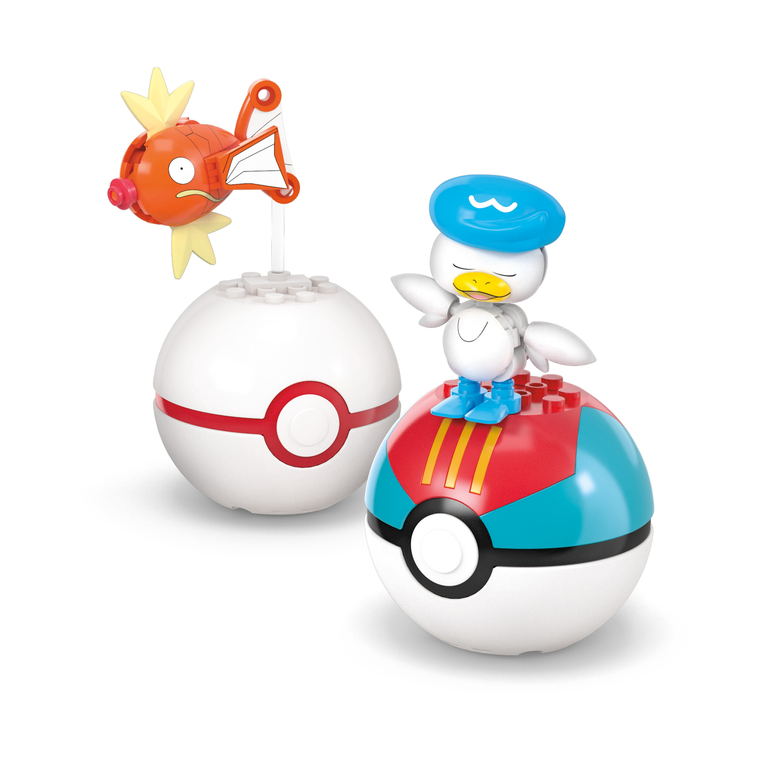 Dwa Pokeballe z figurkami Pokémon: czerwona ryba i biała kaczka w niebieskiej czapce.