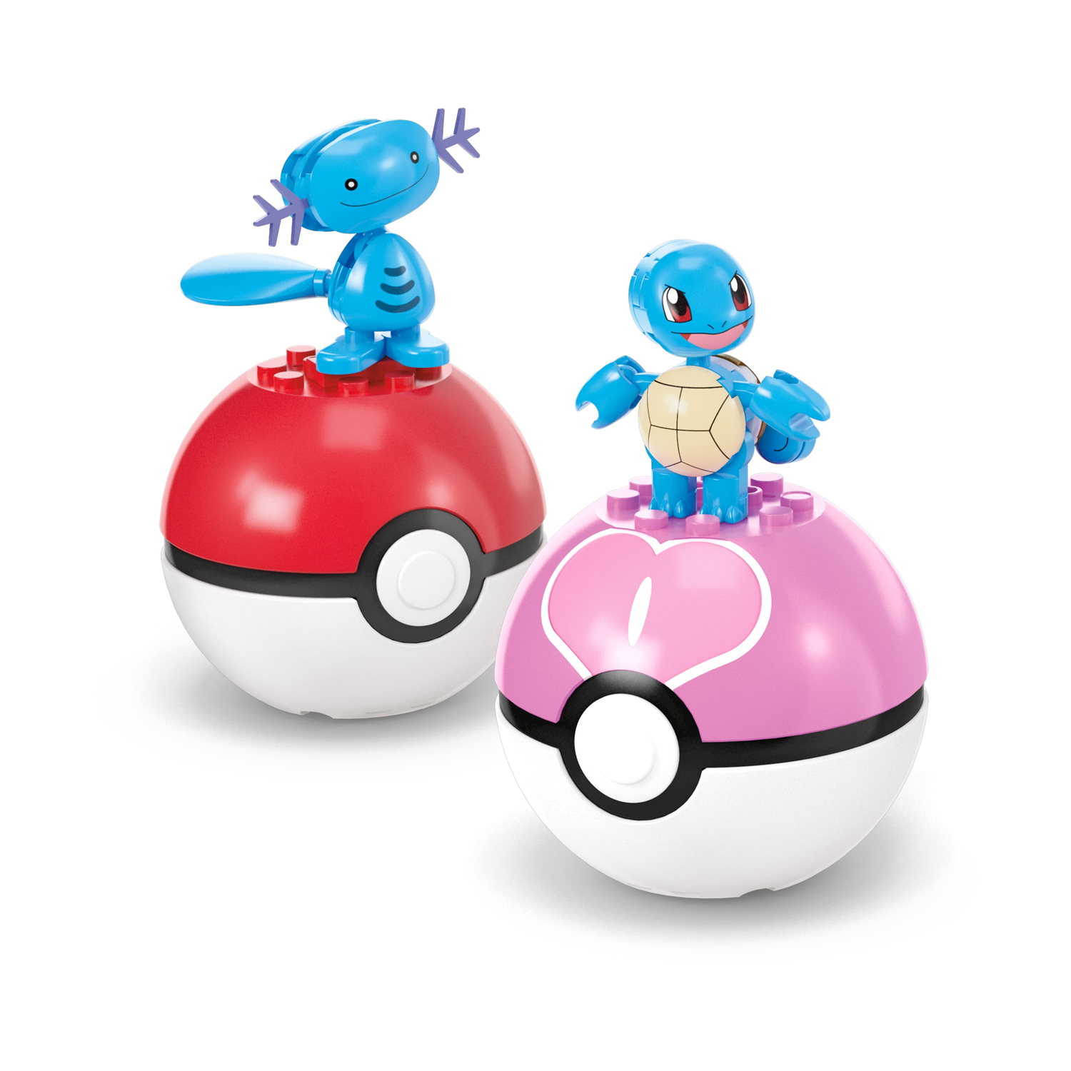 Dwie figurki Pokémon, Wooper i Squirtle, stoją na Poké Ballach.