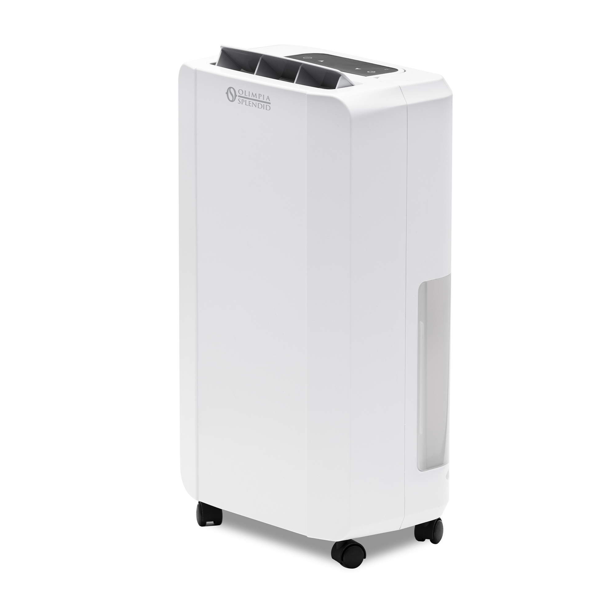 Biały osuszacz powietrza z kółkami i srebrnym logo.