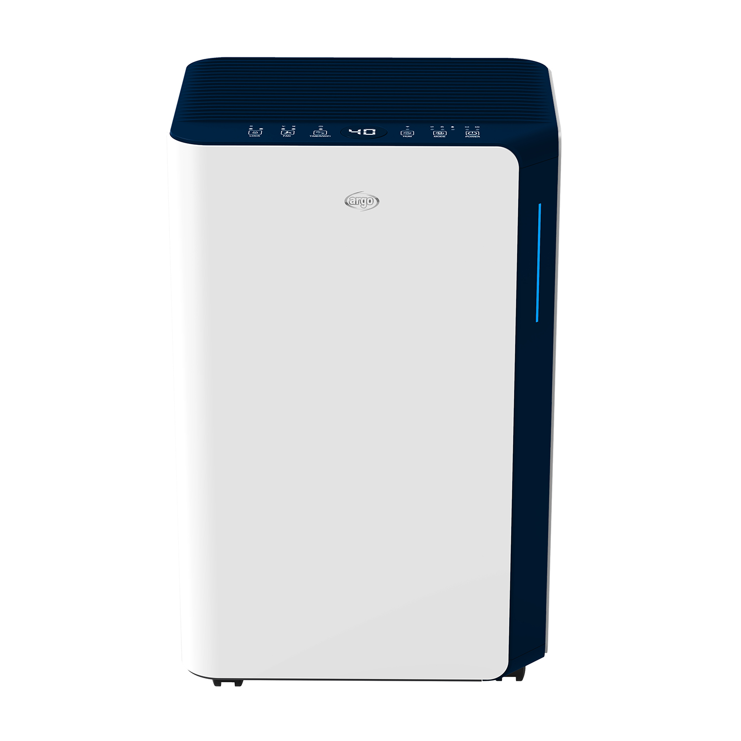 Biały osuszacz powietrza z ciemnoniebieską górną częścią i panelem sterowania.