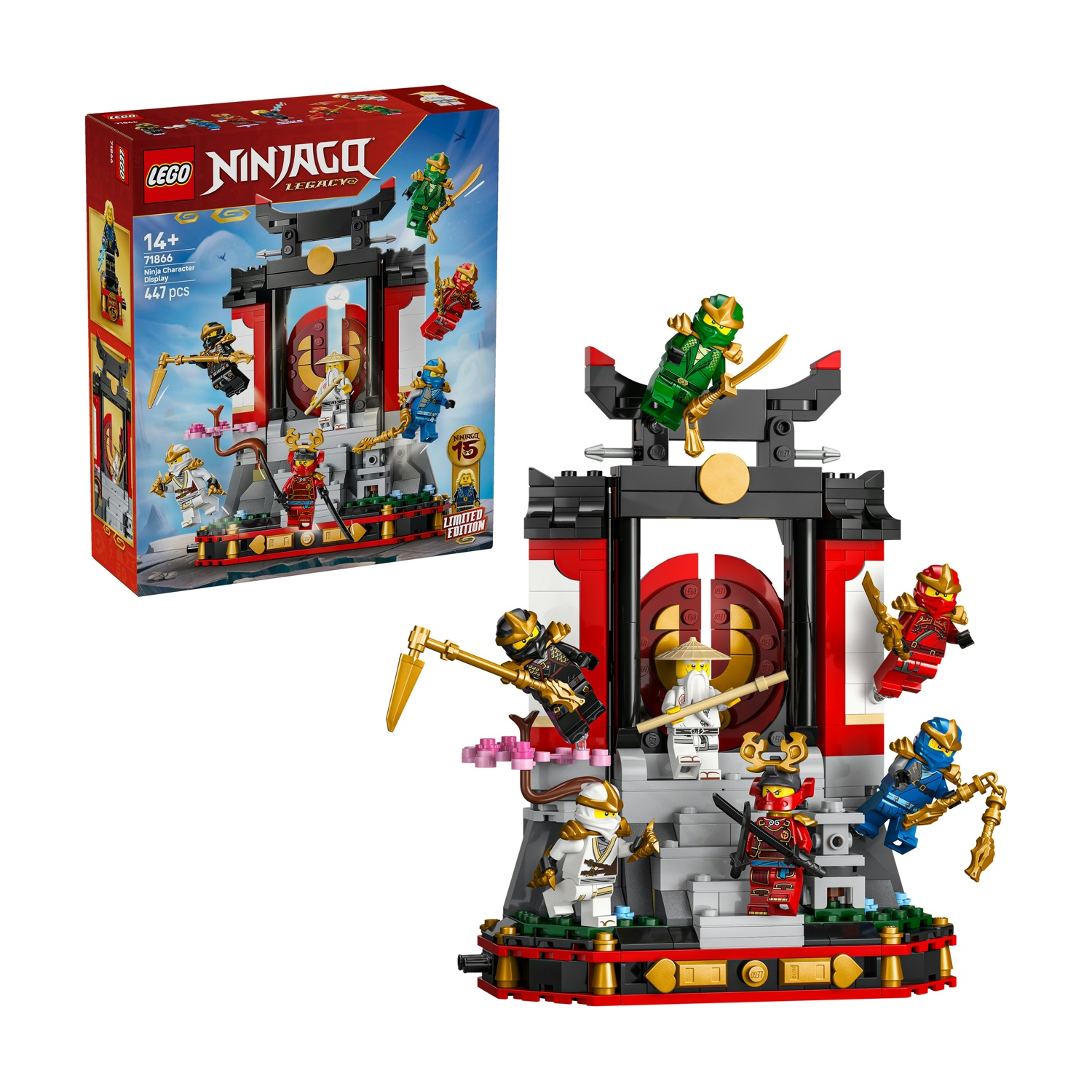 Set Lego Ninjago con 7 ninjas en acción frente a una puerta negra con círculo rojo.
