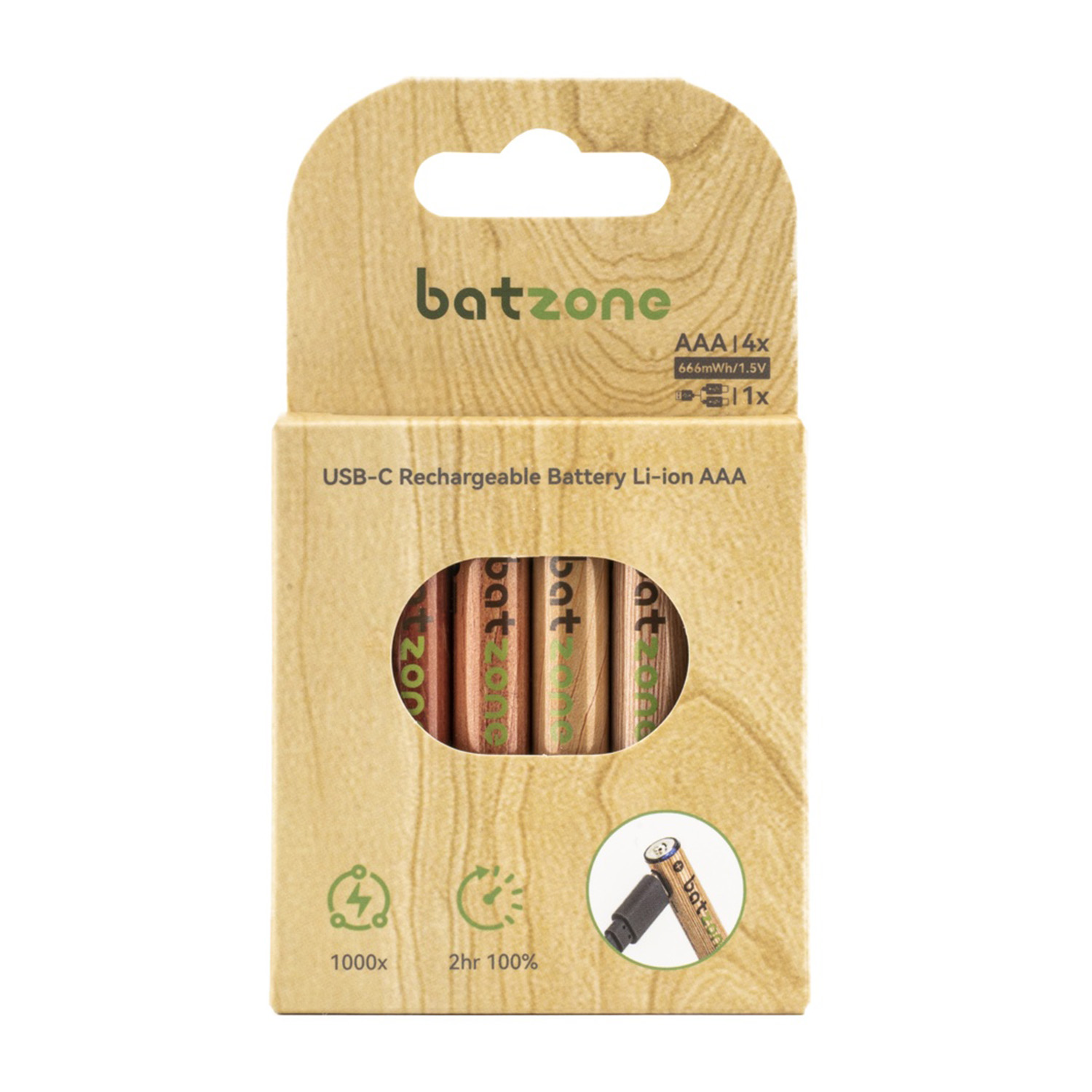 Confezione con quattro batterie AAA ricaricabili Batzyone USB-C.