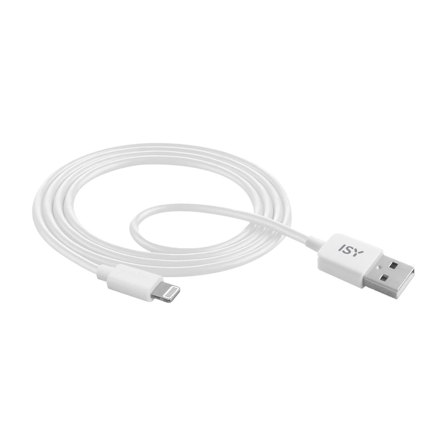 Weißes Ladekabel mit USB-A und Lightning-Stecker auf weißem Hintergrund.