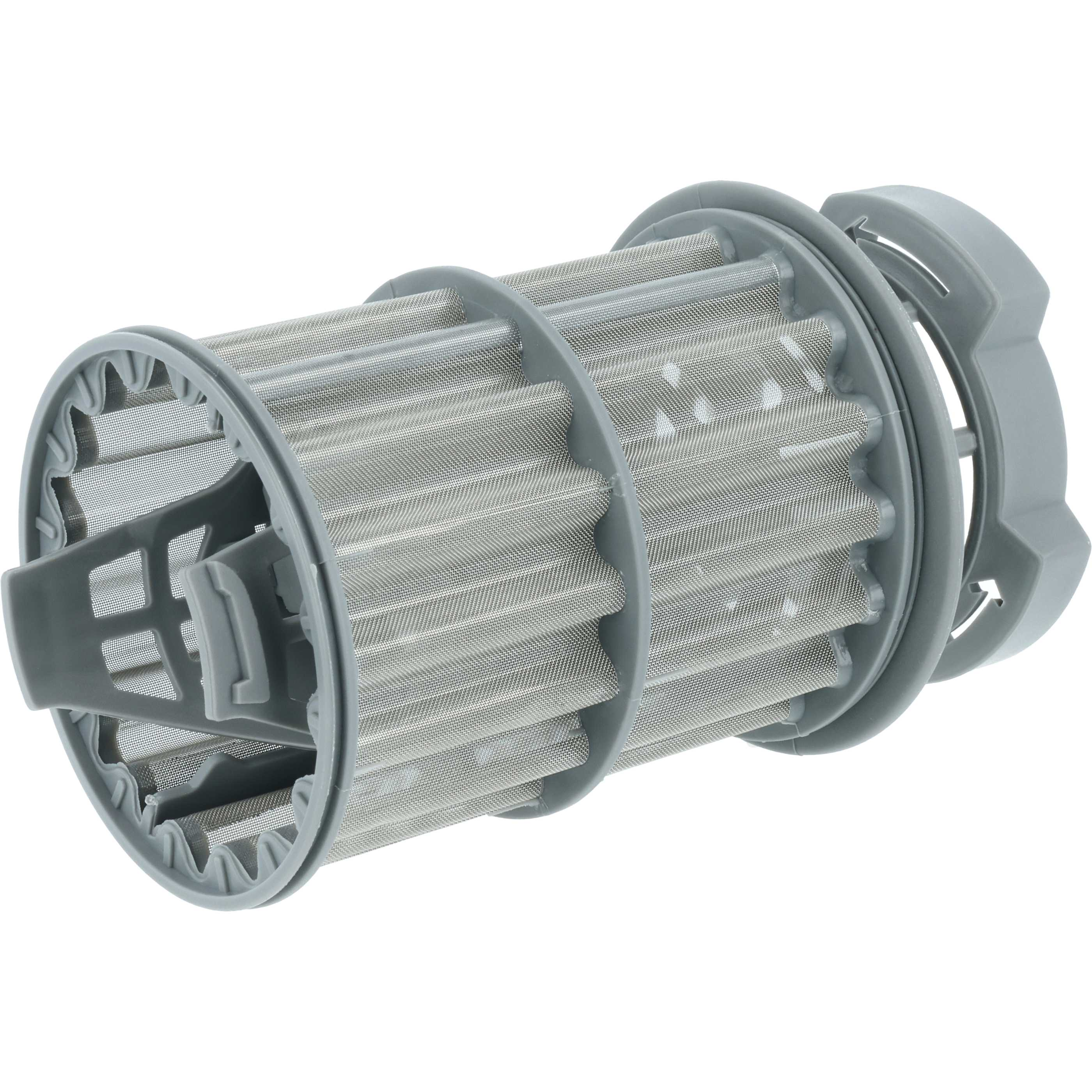 Grauer Siebfilter mit Kunststoffgehäuse und feinem Metallgewebe.