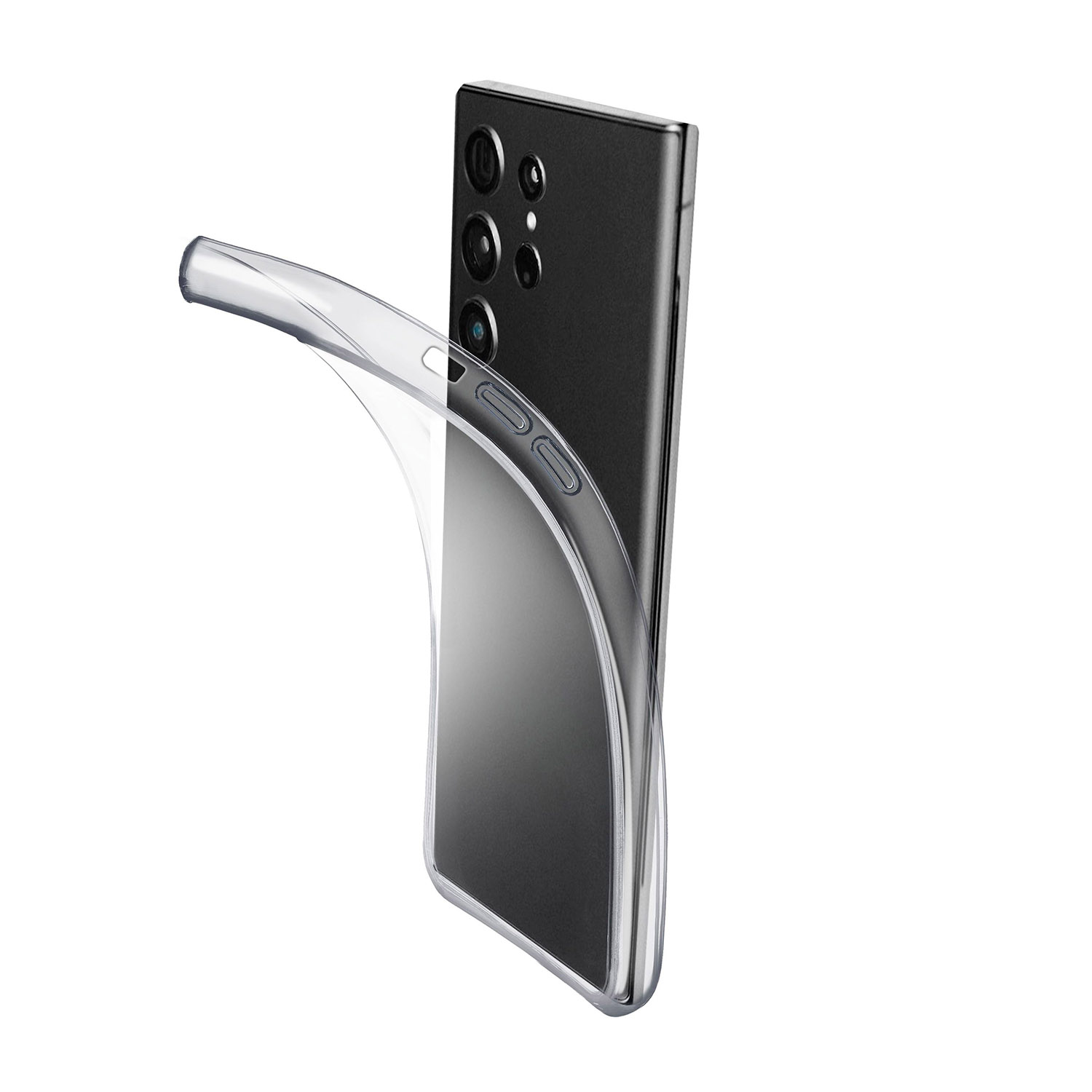Una funda transparente para móvil cubre la parte trasera de un smartphone negro.