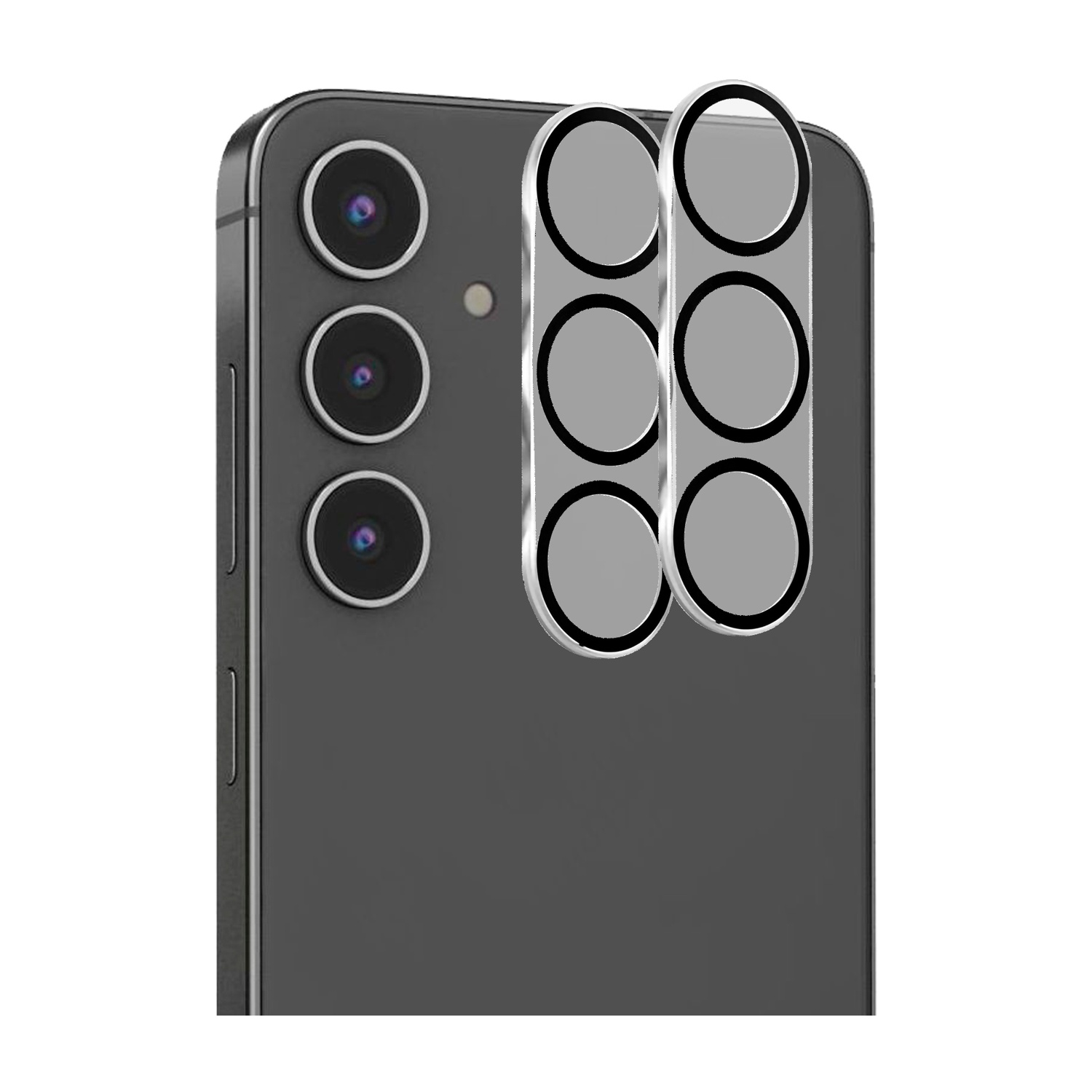 Parte trasera de un smartphone oscuro con tres lentes de cámara y protector de pantalla con seis círculos.