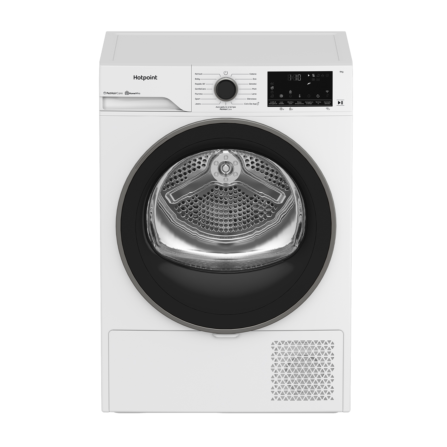 Un'asciugatrice Hotpoint bianca con porta e pannello di controllo neri.
