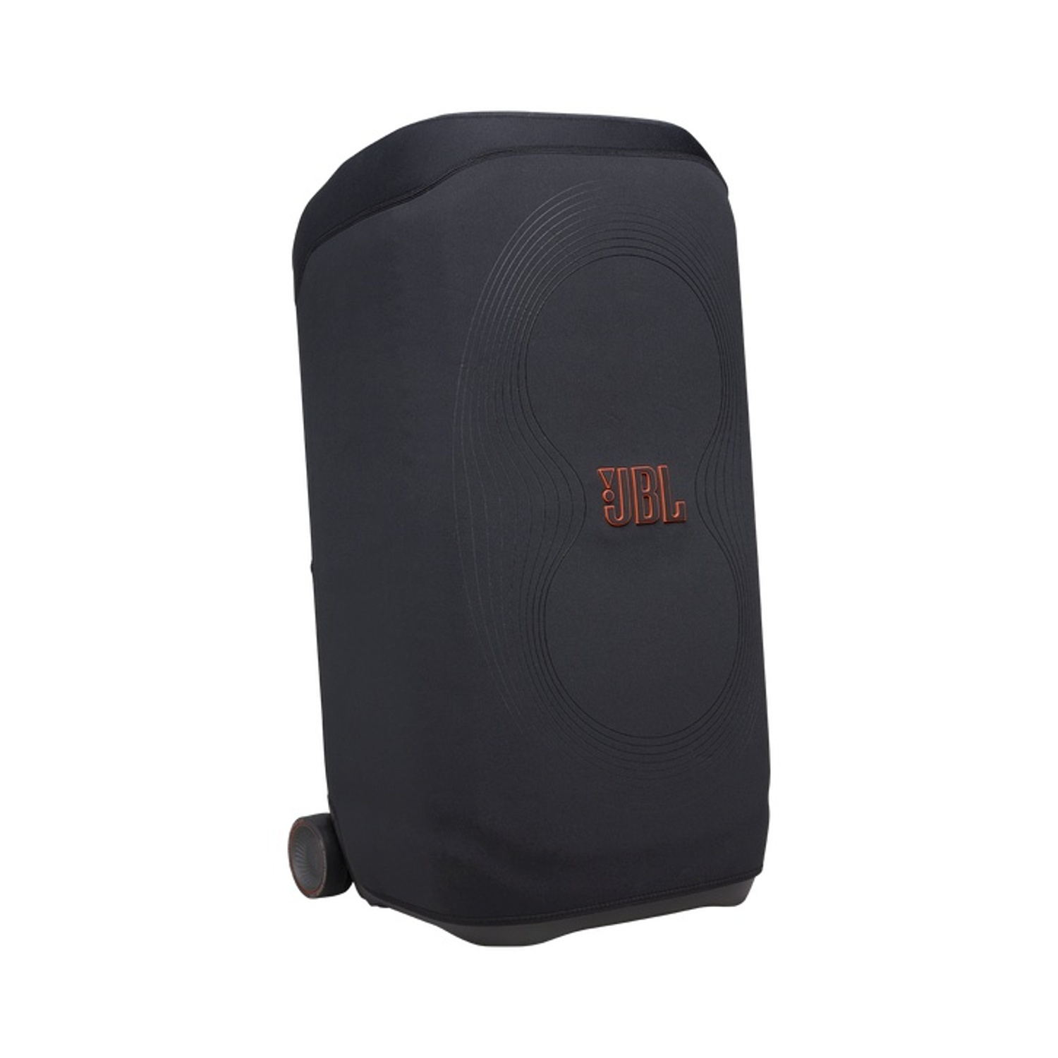 Altoparlante JBL nero con logo arancione e ruote in basso.