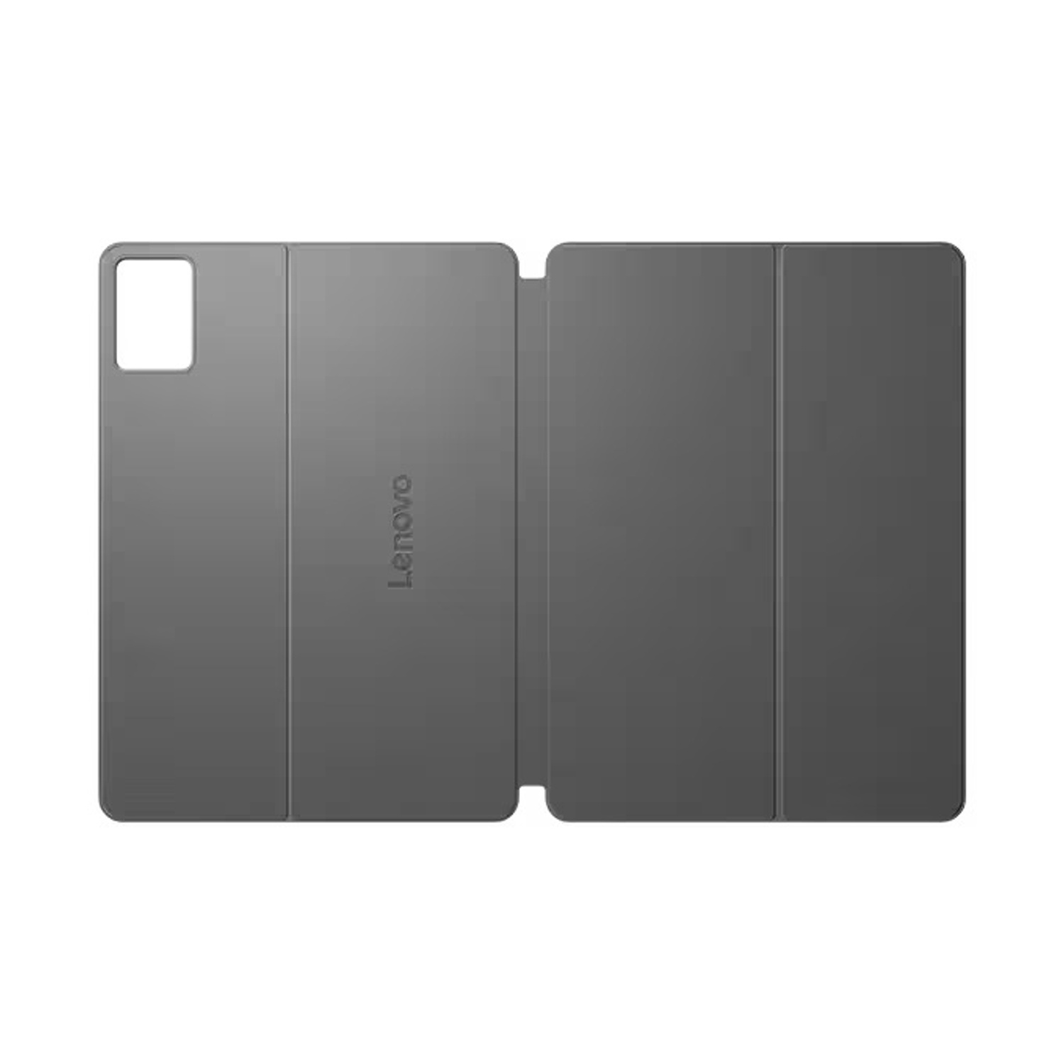 Graue Lenovo Tablet-Hülle mit drei Faltklappen, weiße Aussparung oben links.