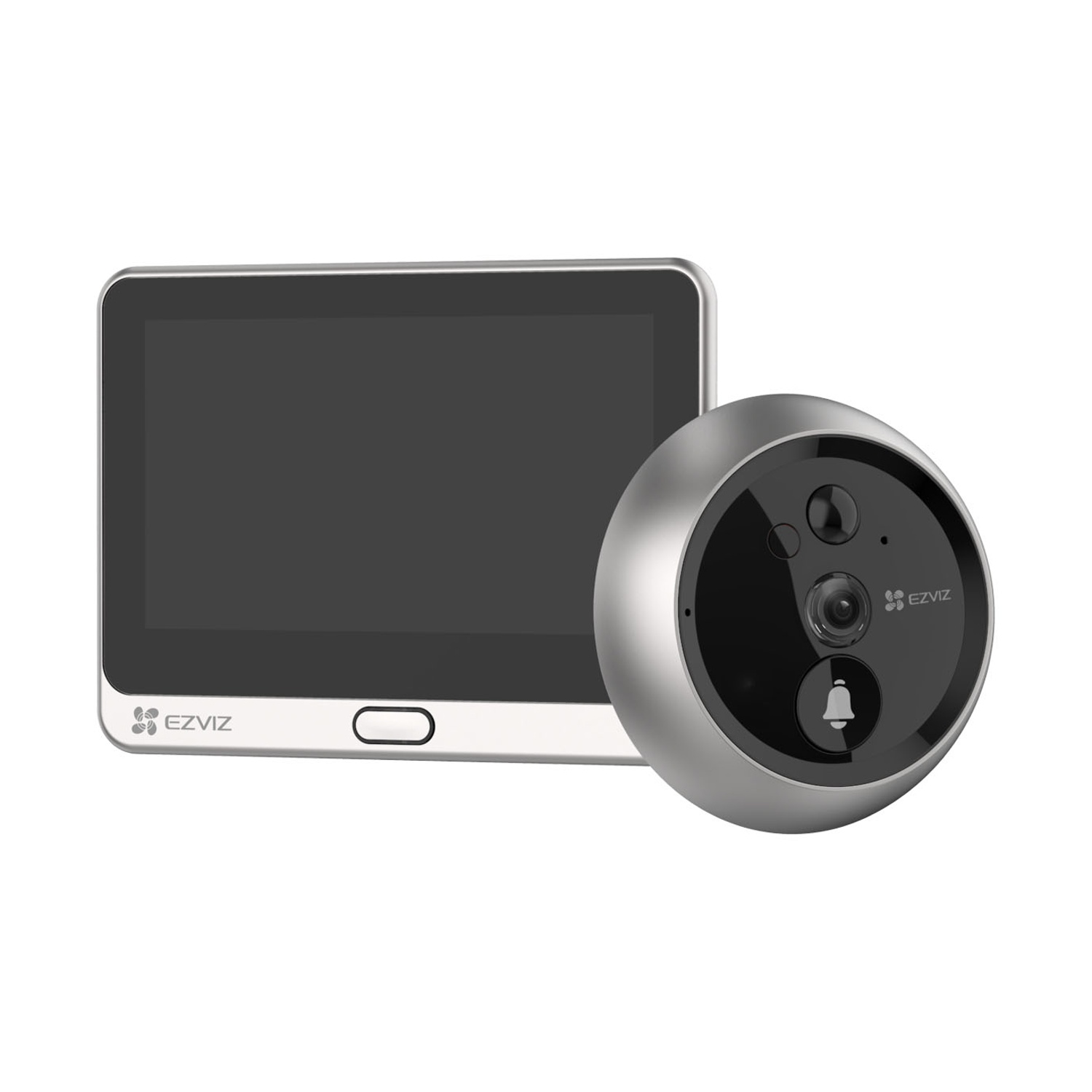 Uno spioncino argentato con telecamera e campanello accanto a uno schermo grigio.