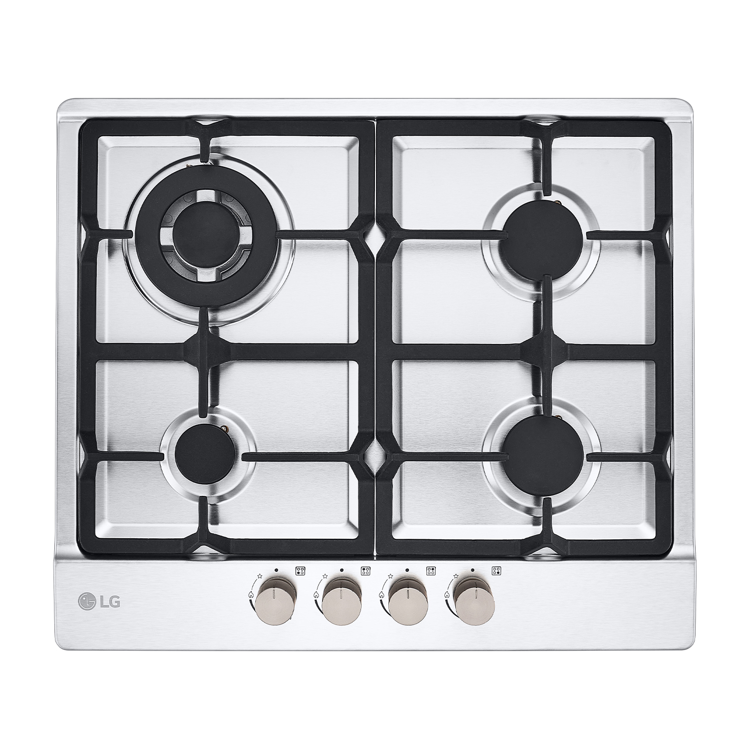 Stal nierdzewna płyta gazowa z czterema palnikami i czterema pokrętłami.