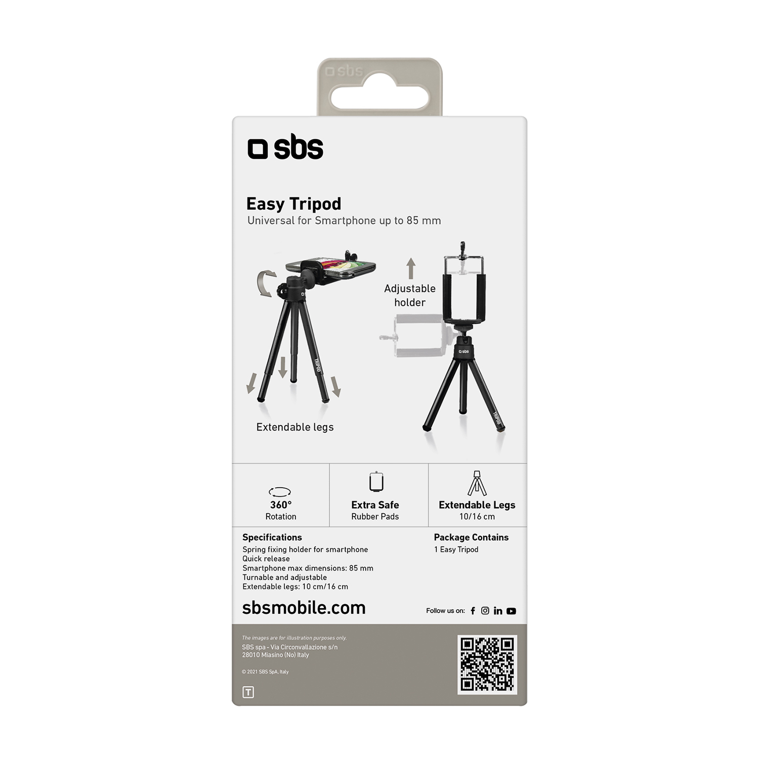 Embalaje SBS Easy Tripod con ilustraciones de un trípode pequeño.