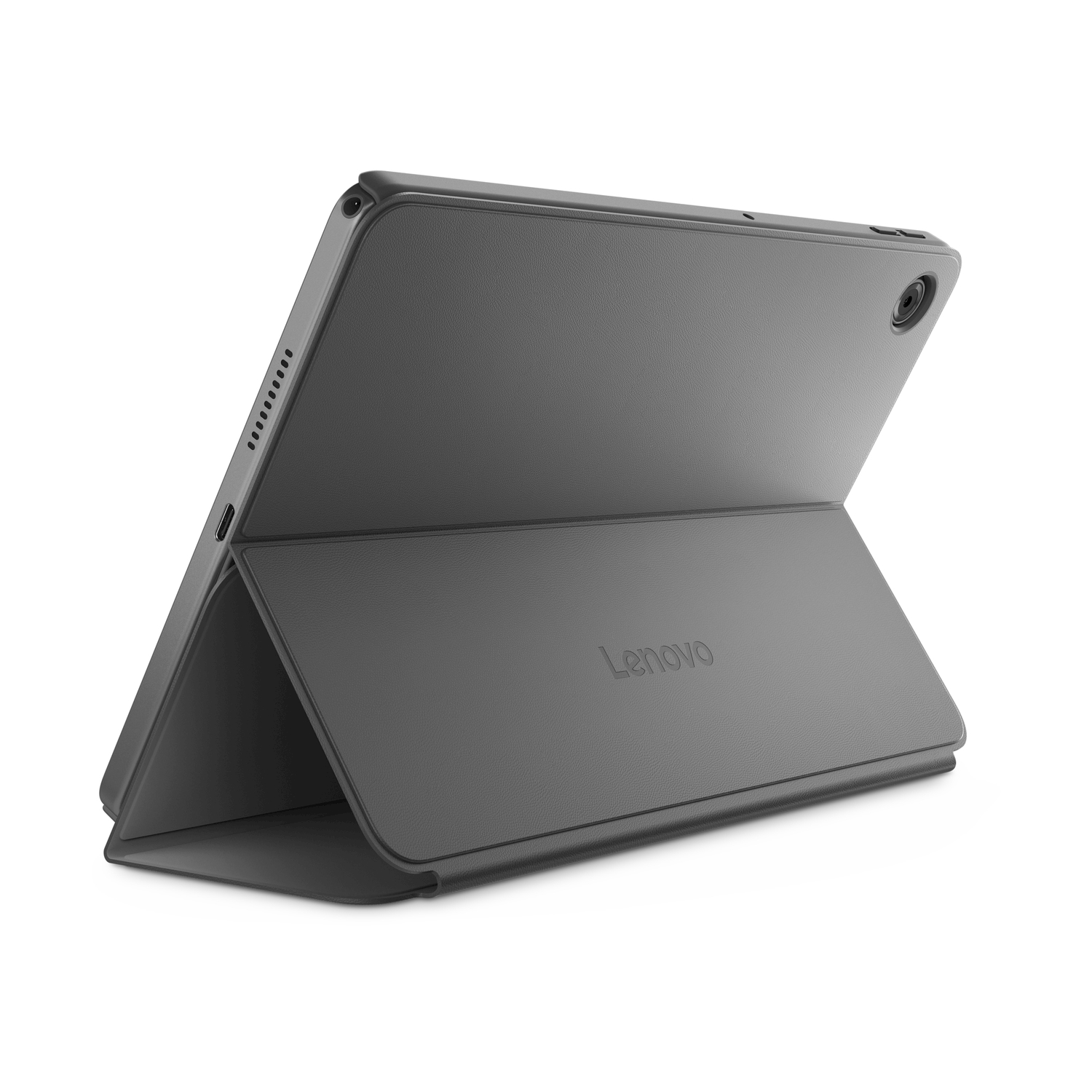 Tablet Lenovo grigio con supporto e fotocamera su sfondo bianco.