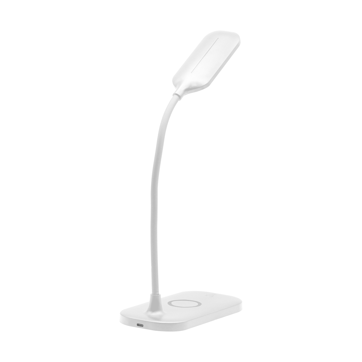 Una lampada da scrivania bianca con collo flessibile e base di ricarica.