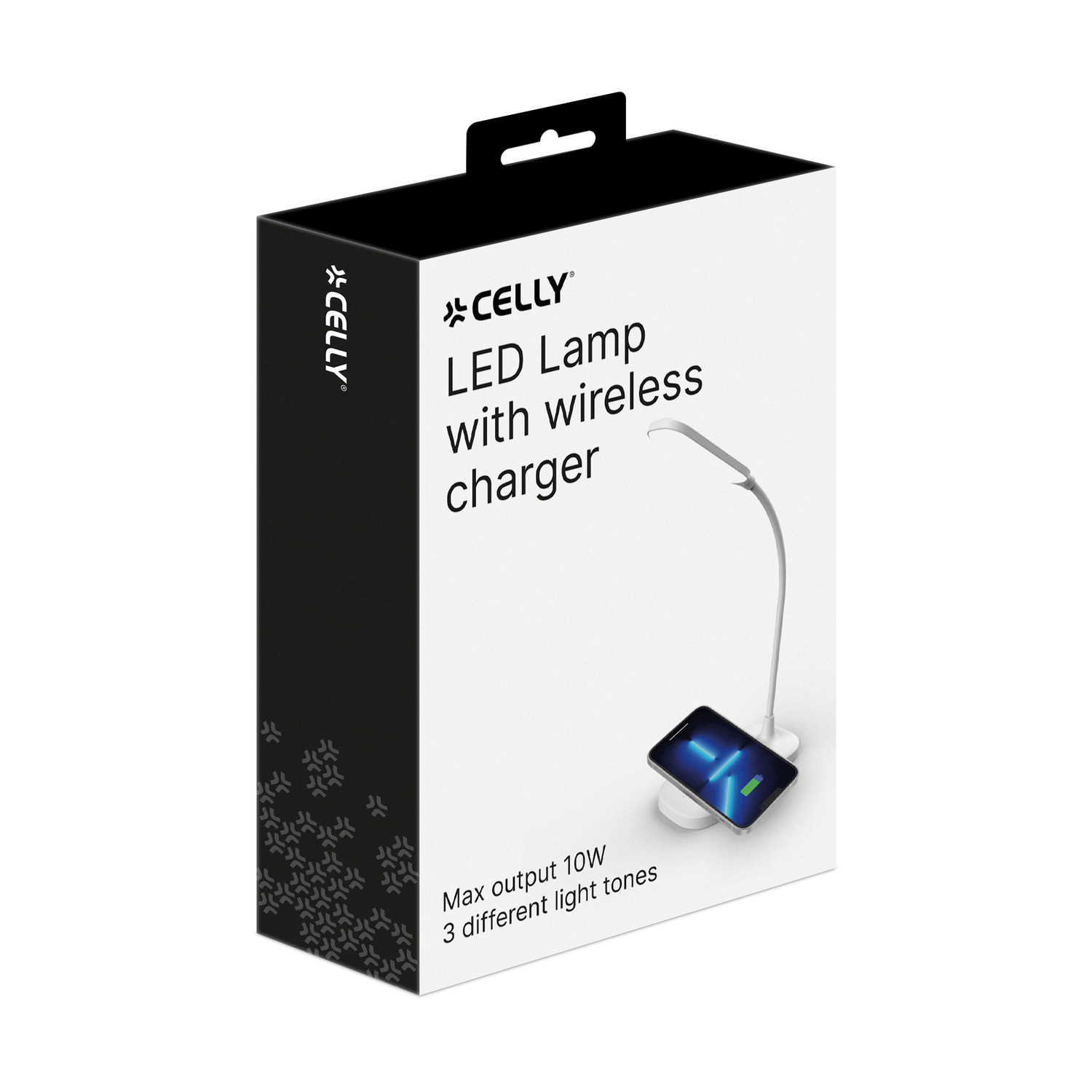 Scatola lampada LED bianca con caricatore wireless e telefono.