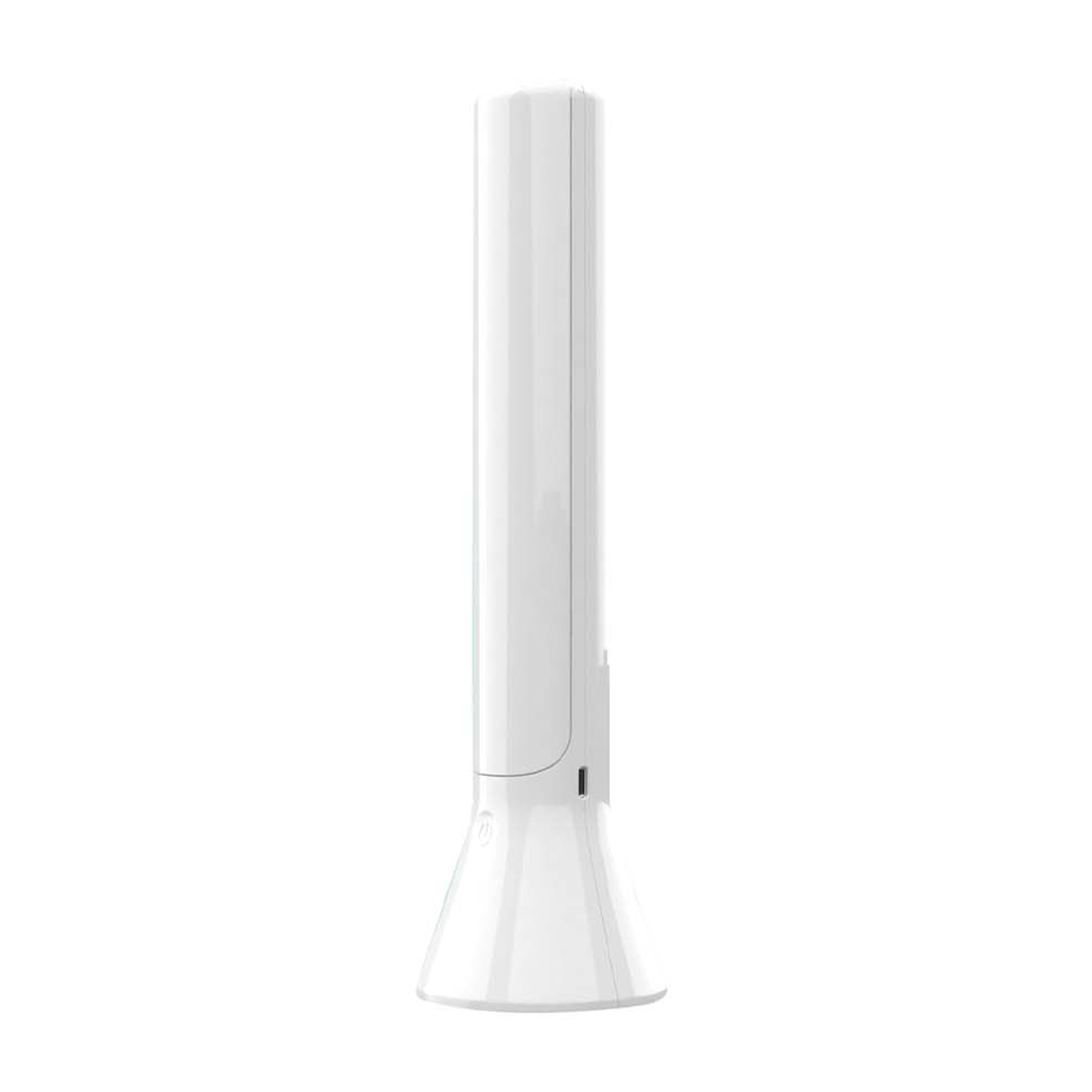 Un ventilatore a torre bianco e snello con base conica su sfondo bianco.