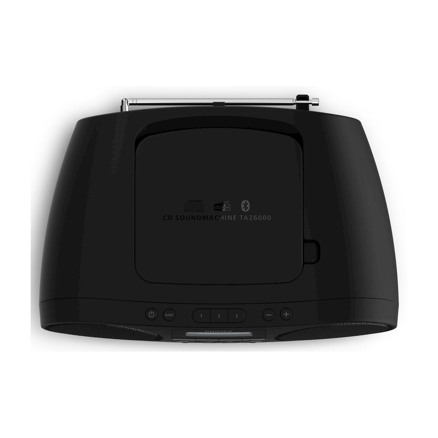 Zwarte CD Soundmachine TAZ6000 met uitschuifbare antenne en bedieningsknoppen.