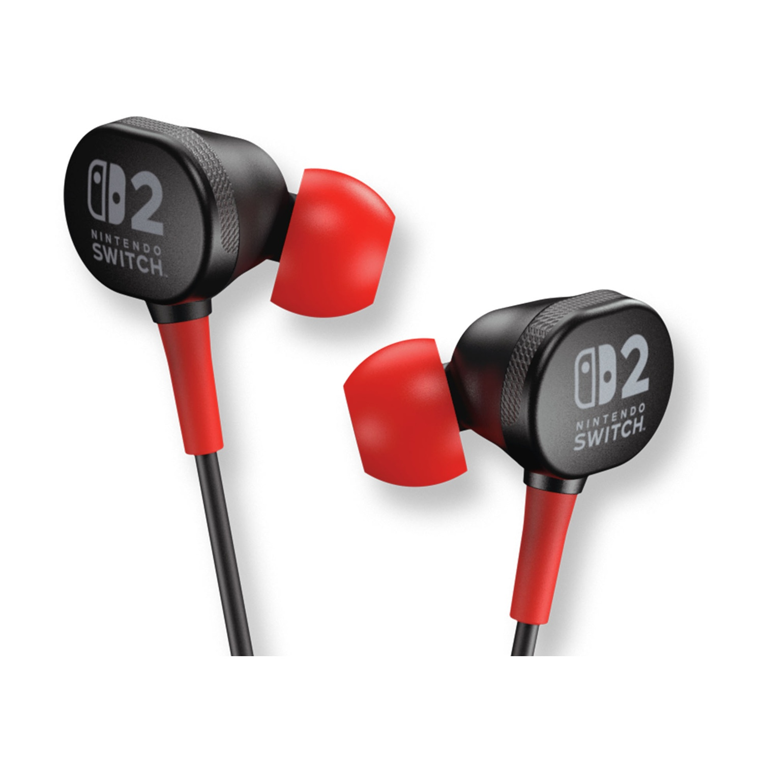 Czarne słuchawki z czerwonymi końcówkami, z logo Nintendo Switch.
