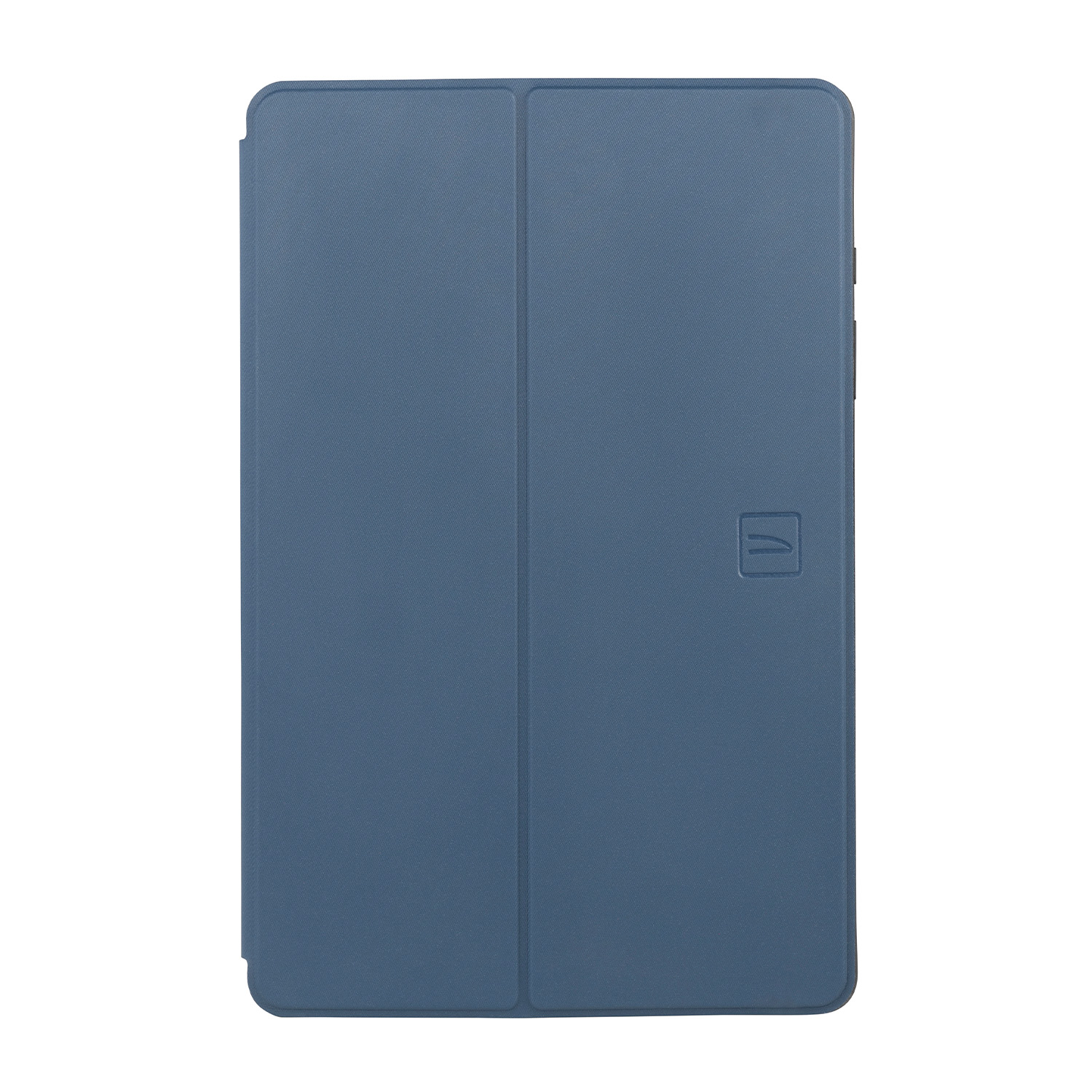 Blauer Tablet-Schutz mit Logo auf der Vorderseite, auf weißem Hintergrund.
