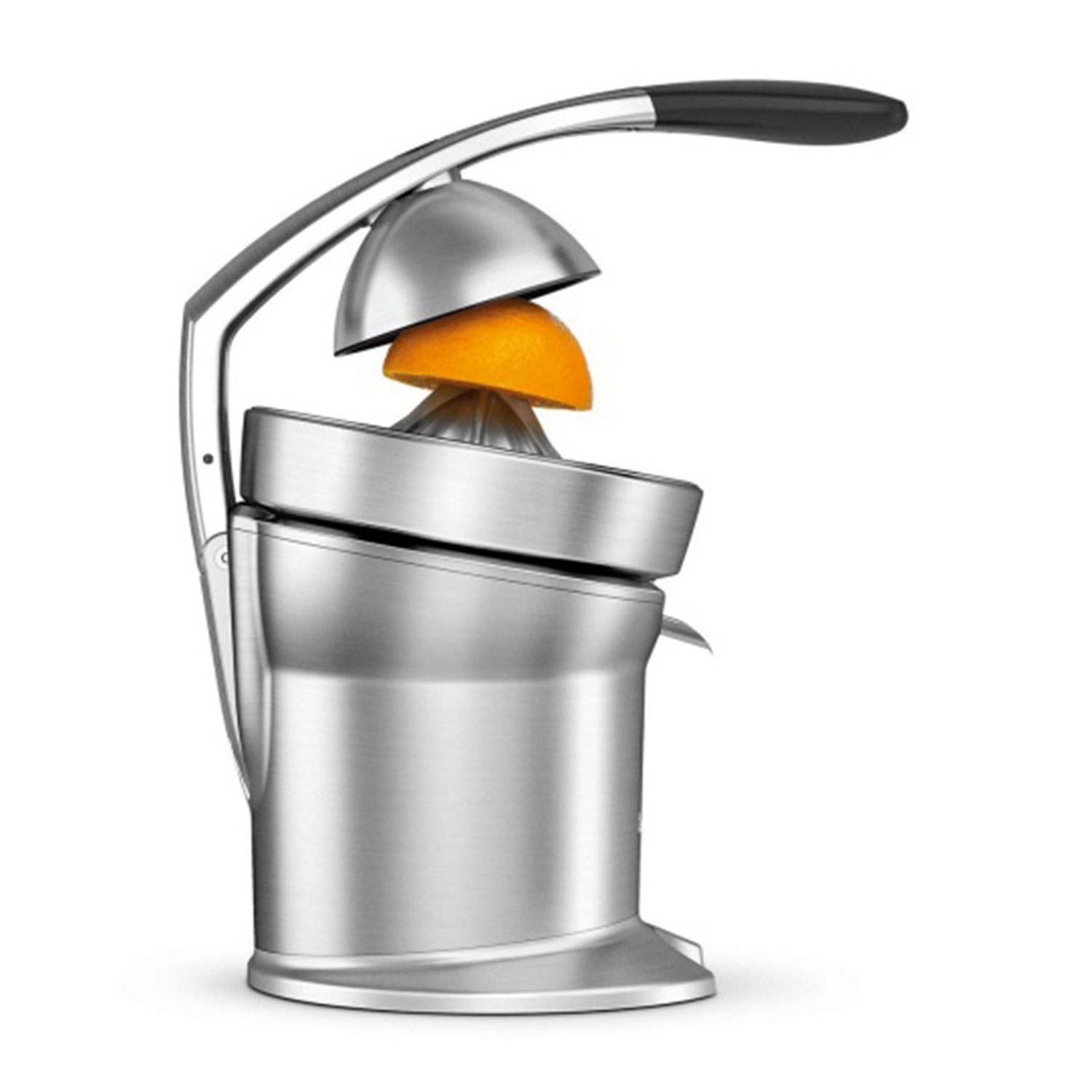 Srebrna wyciskarka do cytrusów z połówką pomarańczy na stożku.