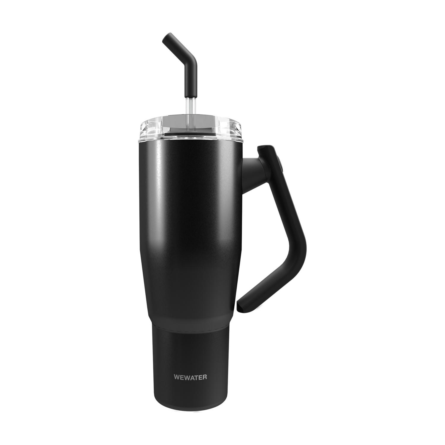 Vaso negro con asa y pajita. La marca WEWATER es visible.