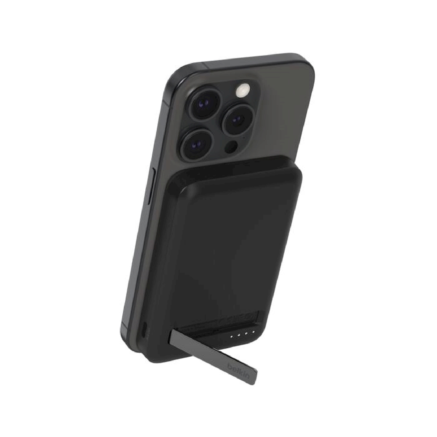 Smartphone nero con tre fotocamere e un pacco batteria nero con cavalletto.