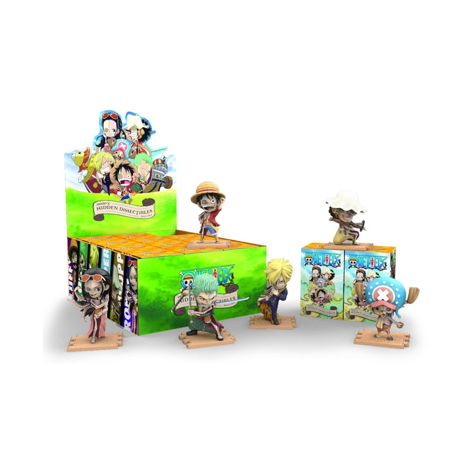 Figurki Chibi One Piece stoją przed zielonym pudełkiem z postaciami.